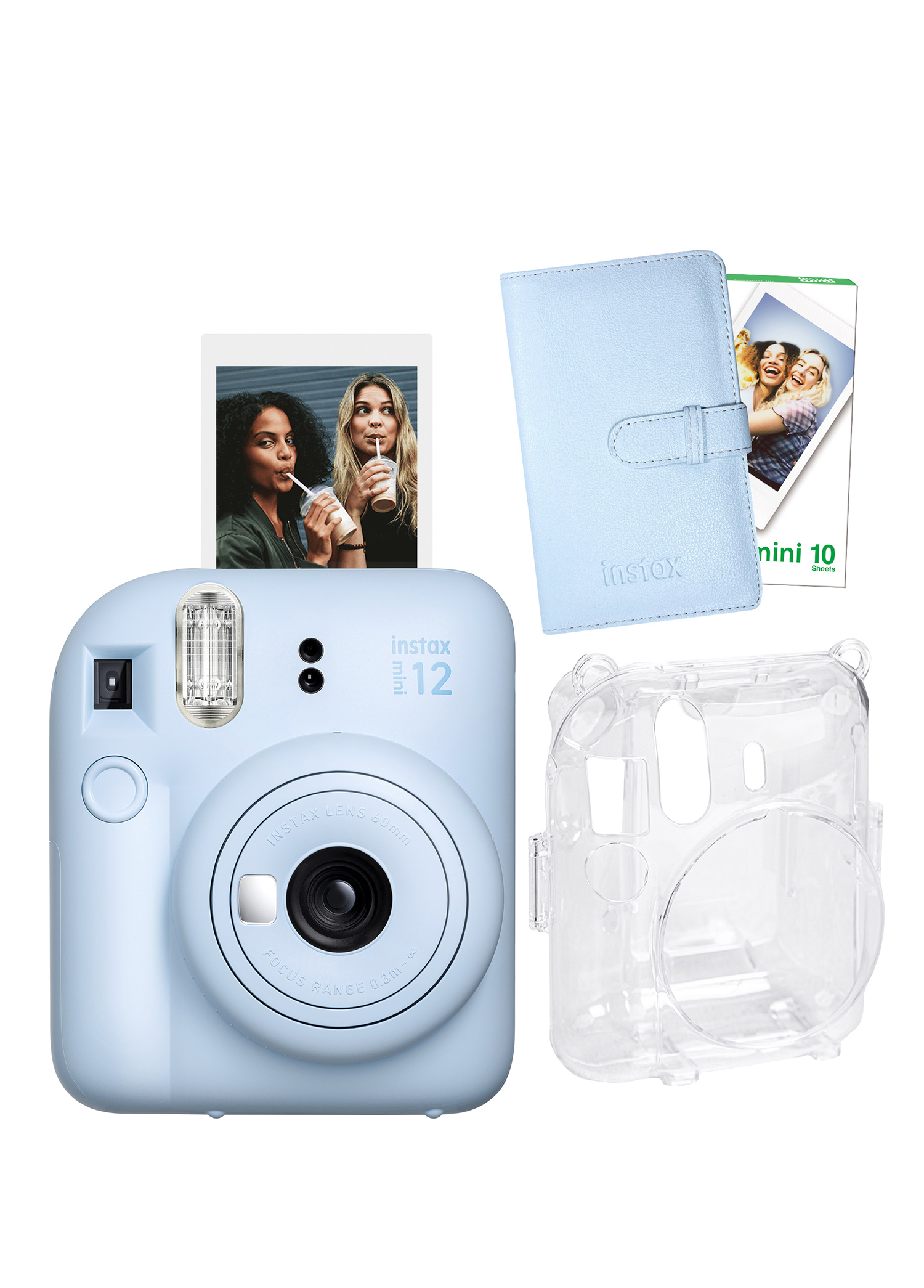 Instax mini 12 Mavi Fotoğraf Makinesi + 10'lu Film Laporta Albüm ve Şeffaf Kılıf Seti