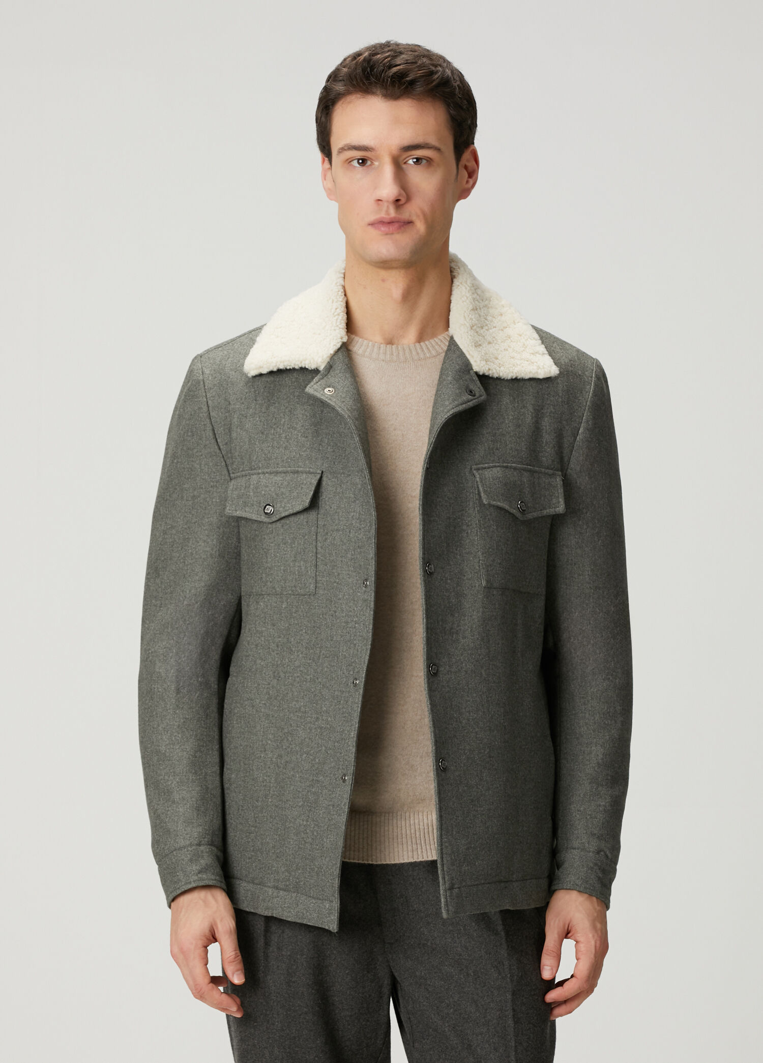 Gri Yakası Shearling Detaylı Yün Mont