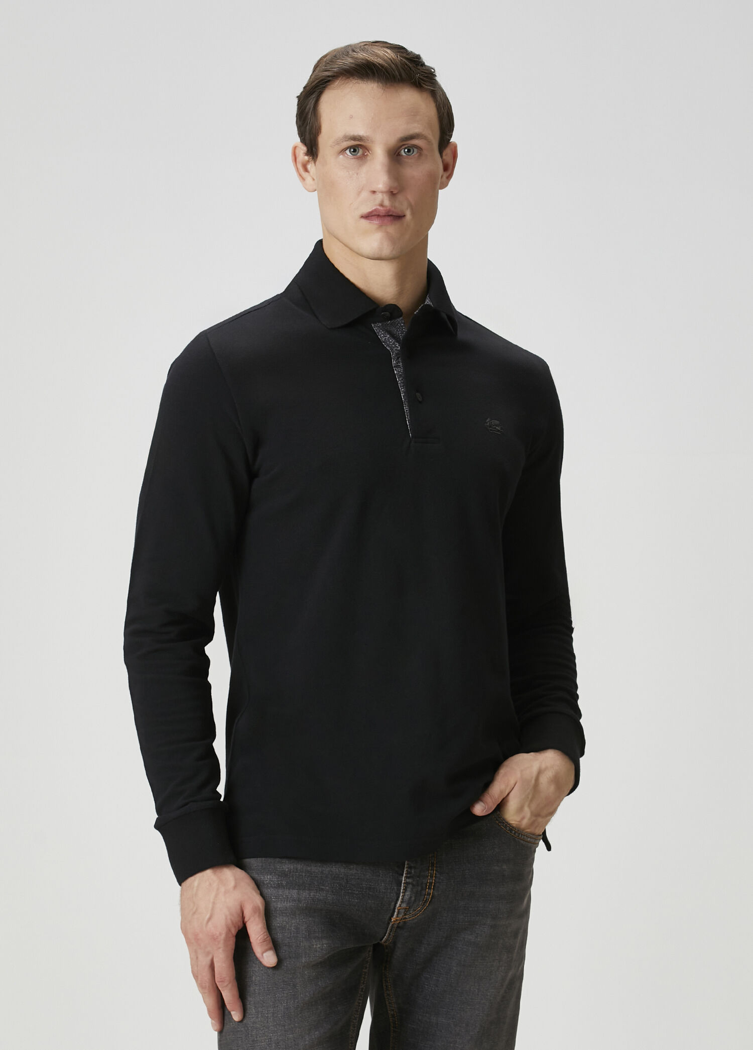 Siyah Polo Yaka Uzun Kollu T-shirt