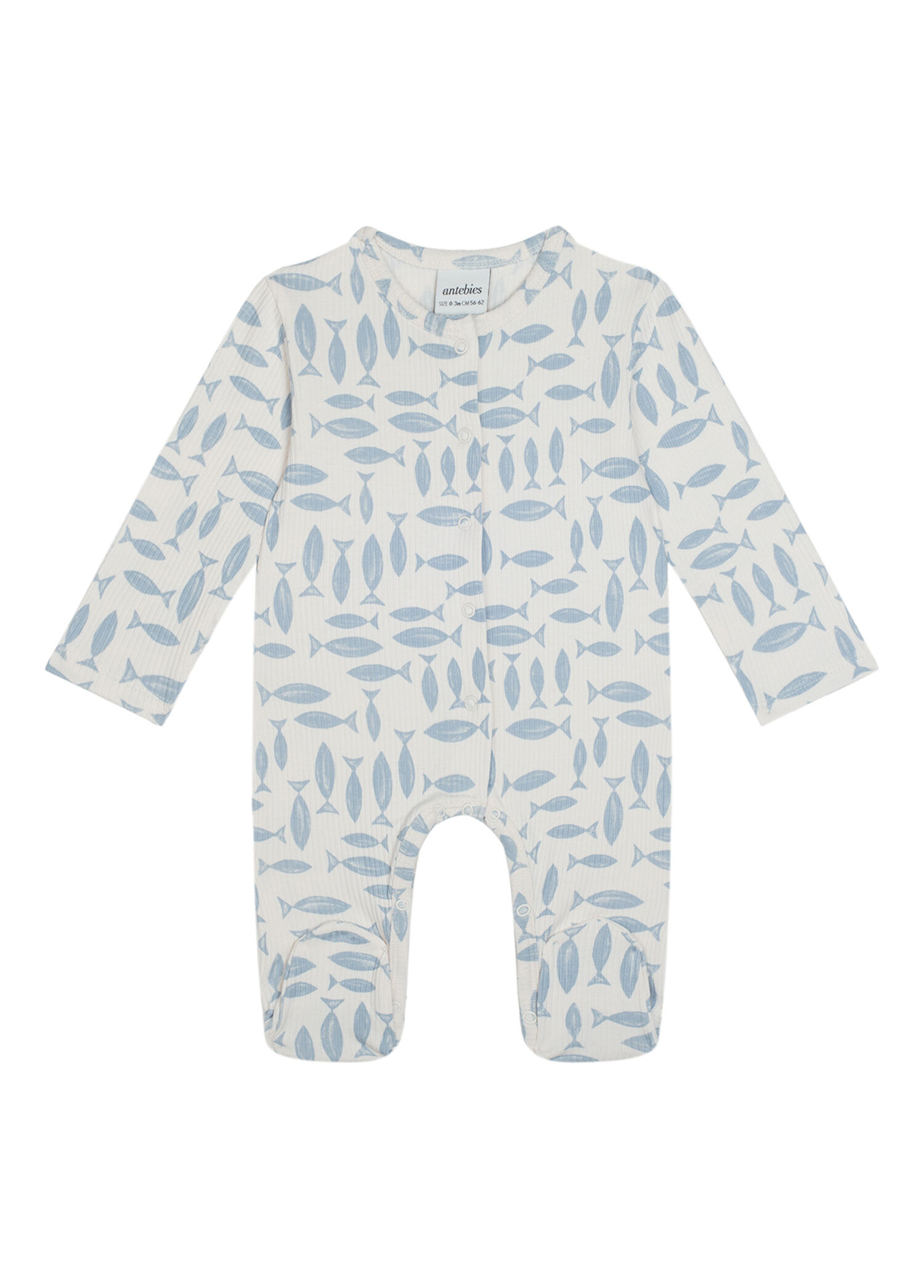 Mavi Balık Desenli Uzun Kollu Unisex Bebek Patikli Tulum