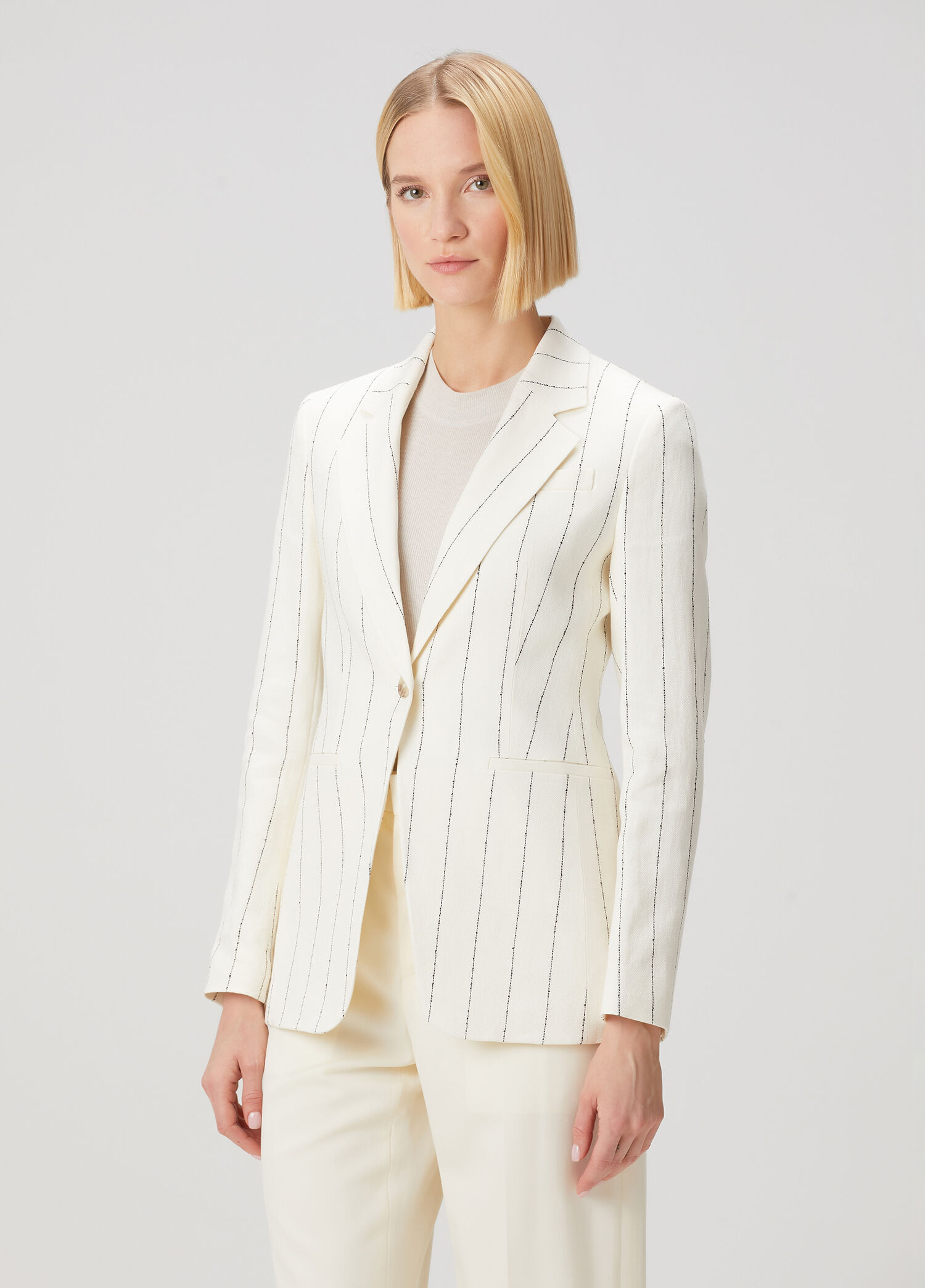 Slim Fit Krem Çizgili Keten Ceket