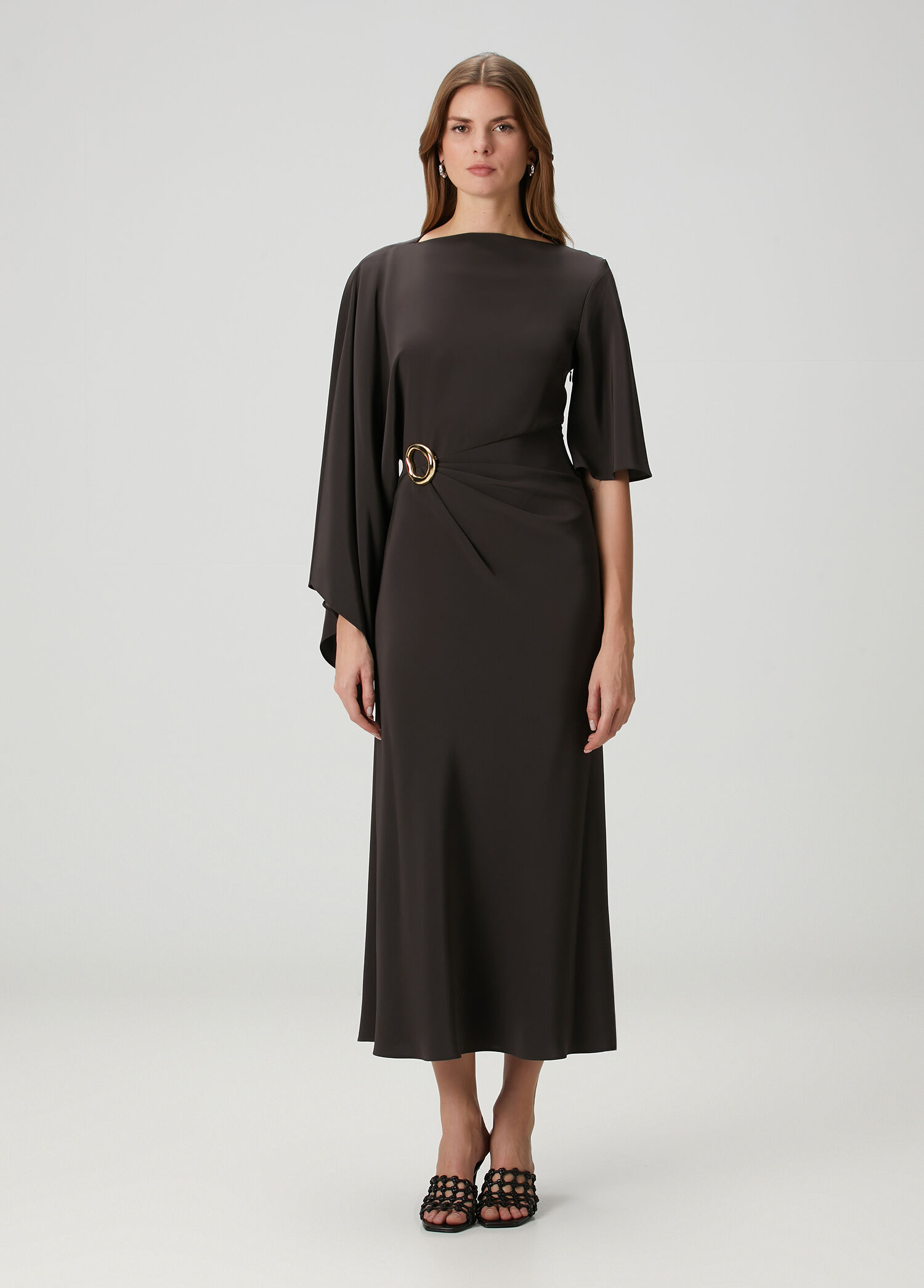 Joya Kahverengi Midi Twill Saten Elbise
