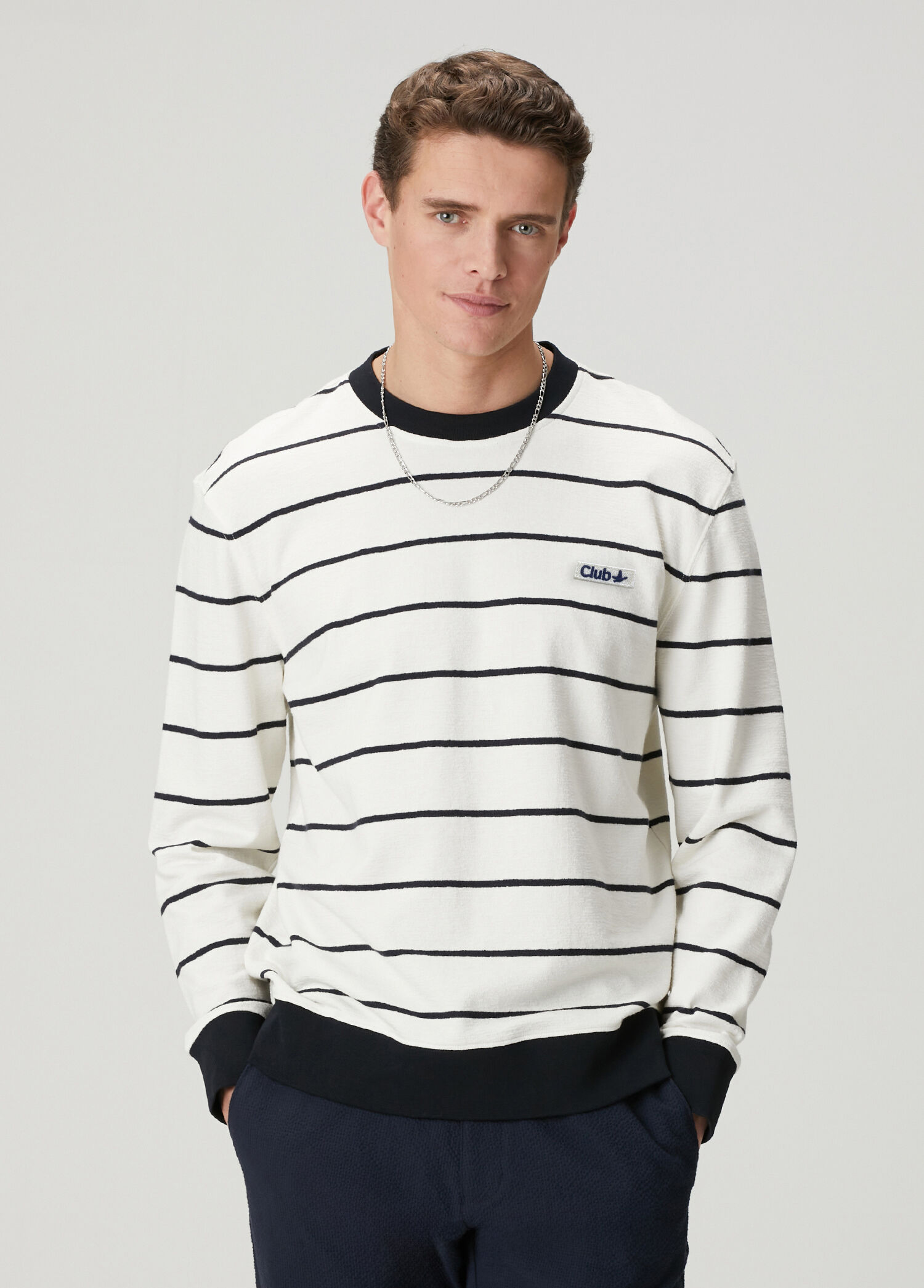 Kırık Beyaz Çizgili Oversize Uzun Kollu T-shirt