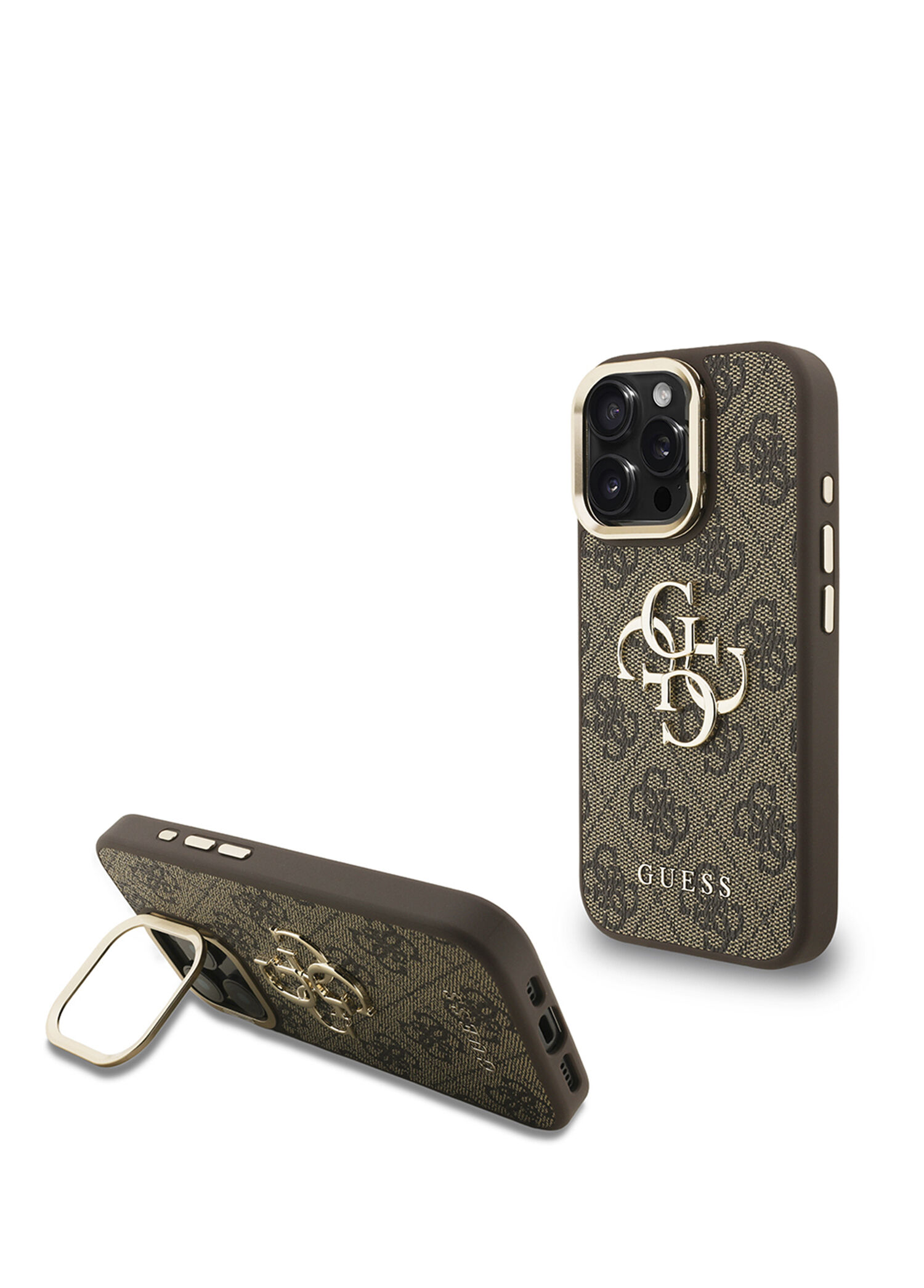 iPhone 16 Pro Deri 4G Metal Logo Standlı Kahverengi Telefon Kılıfı