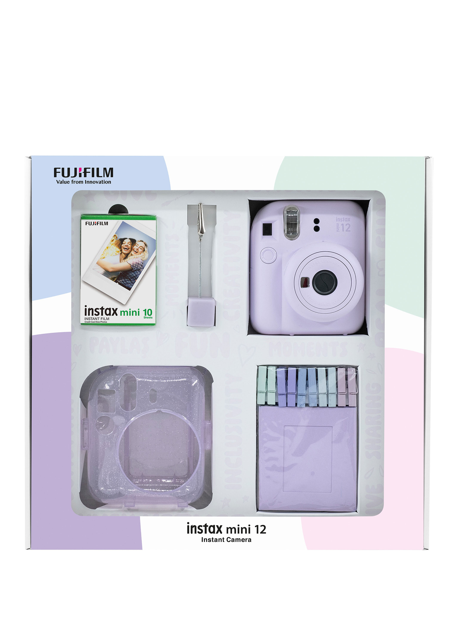 Instax Mini 12 Lila Fotoğraf Makinesi Bundle Box + 10'lu Film Simli Pleksi Kılıf Mandal Kıskaçlı Resim Standlı