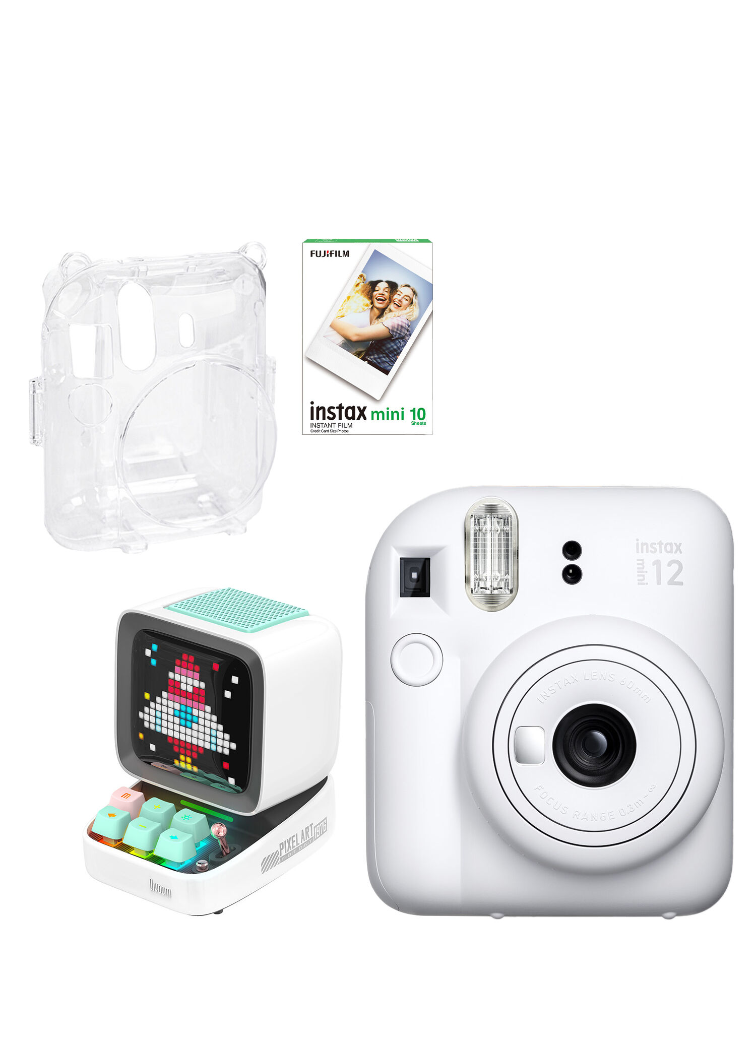 Instax Mini 12 Beyaz Fotoğraf Makinesi + 10'lu Film-Şeffaf Kılıf ve Divoom Ditoo Pro Beyaz Uyarlanabilir Piksel Ekranlı Bluetooth Hoparlör
