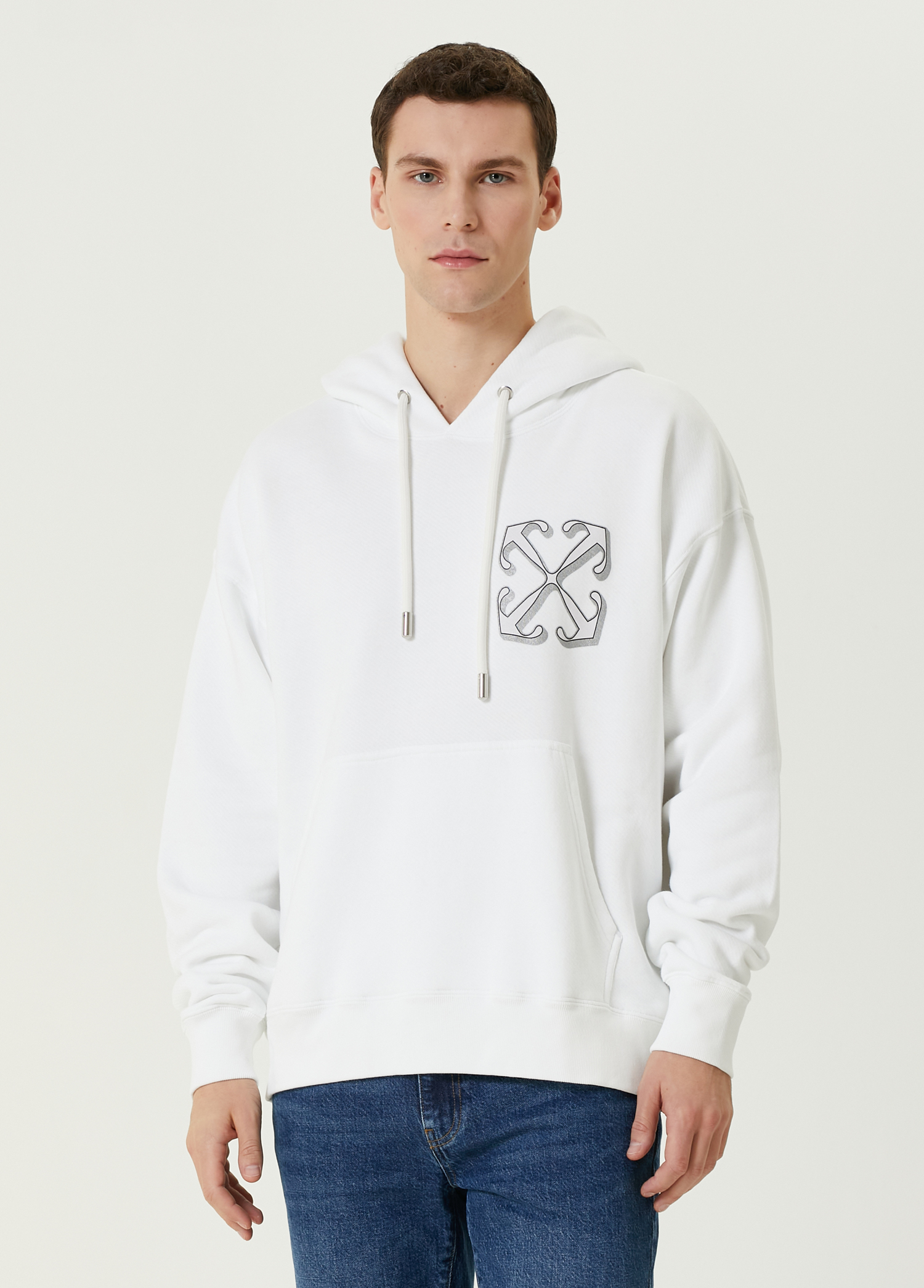 Beyaz Kapüşonlu Logo Baskılı Sweatshirt