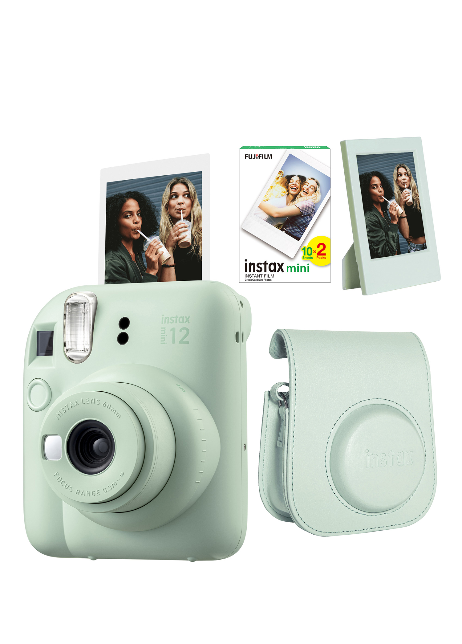 Instax Mini 12 Yeşil Fotoğraf Makinesi + 20'li Film Çerçeve ve Deri Kılıf Seti