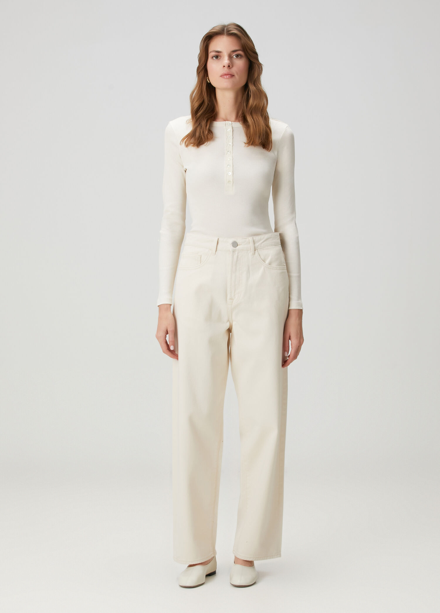 Ekru Wide Leg Jean Pantolon