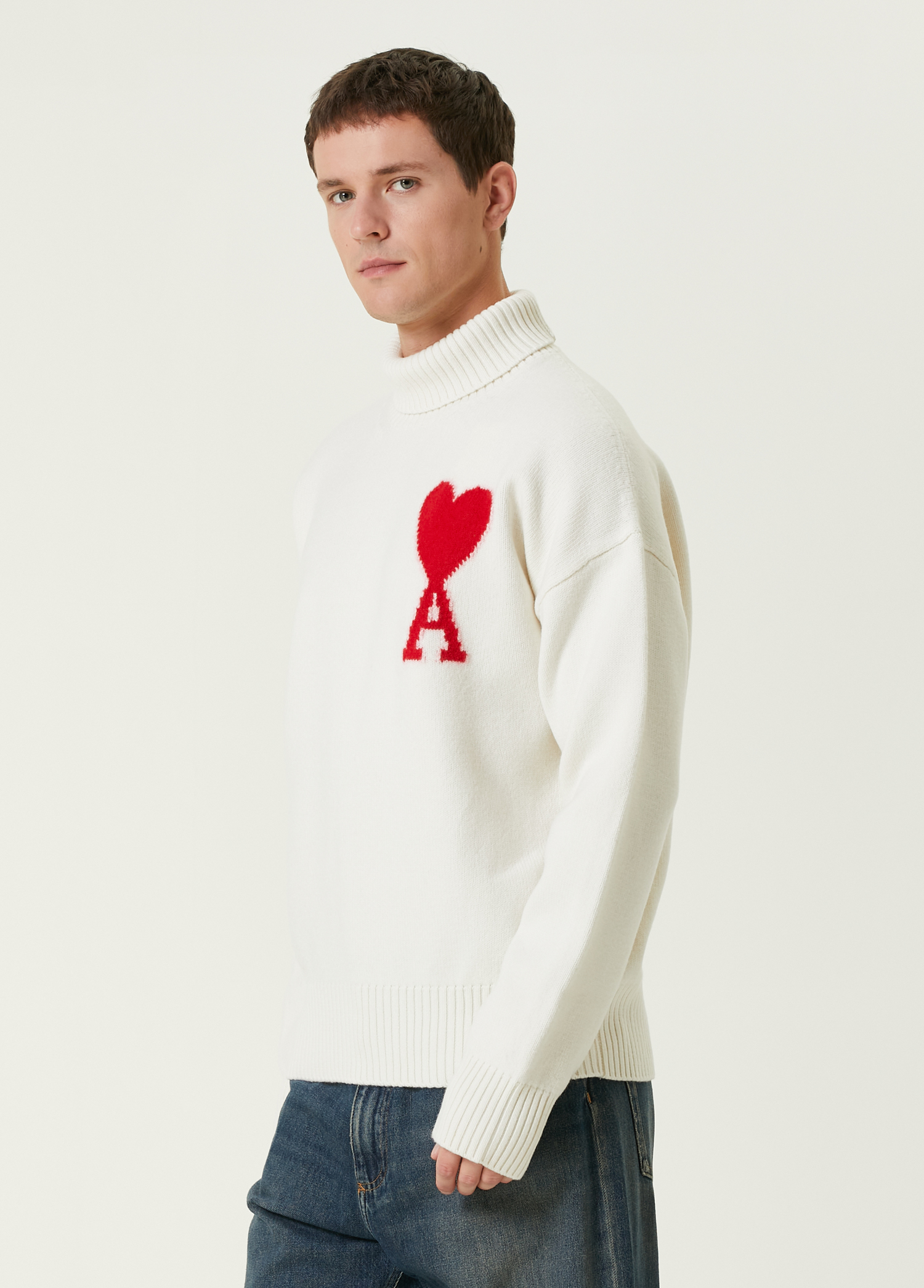 Ami Paris - Kırık Beyaz Logolu Merino Kazak - Beyaz
