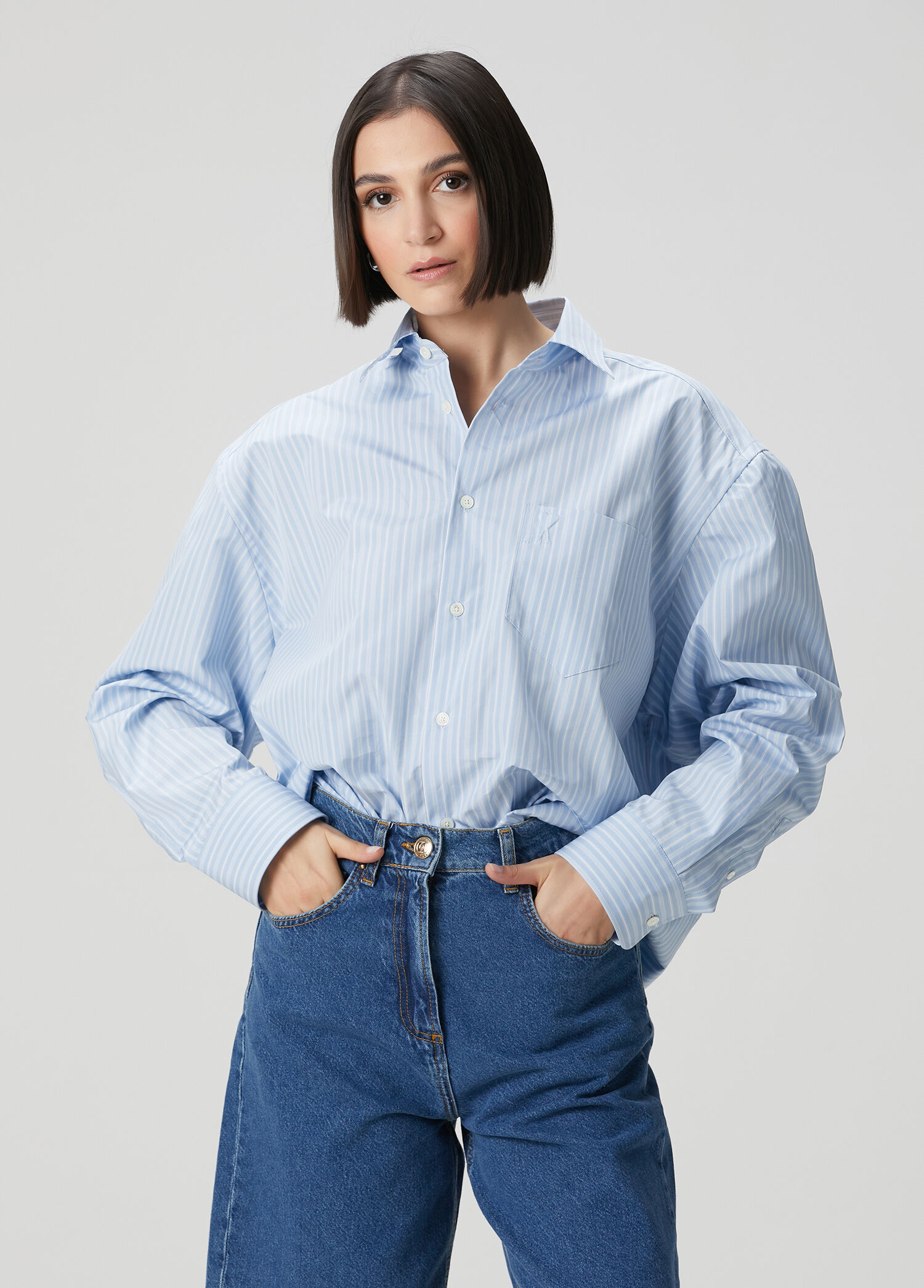 Boxy Fit Mavi Çizgili Poplin Gömlek