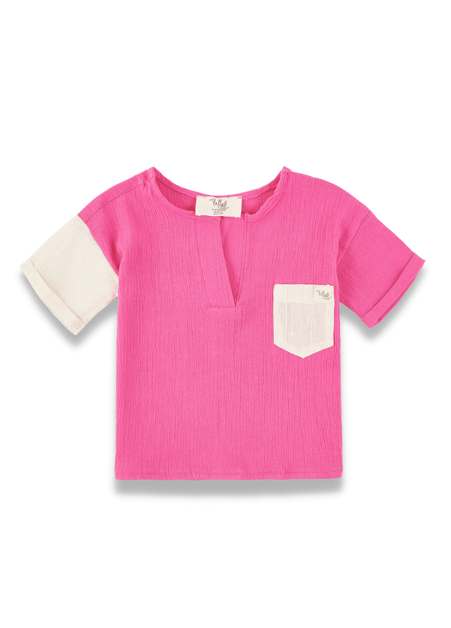 Color Block Tek Cepli Hakim Yaka Pembe Kız Çocuk T-Shirt