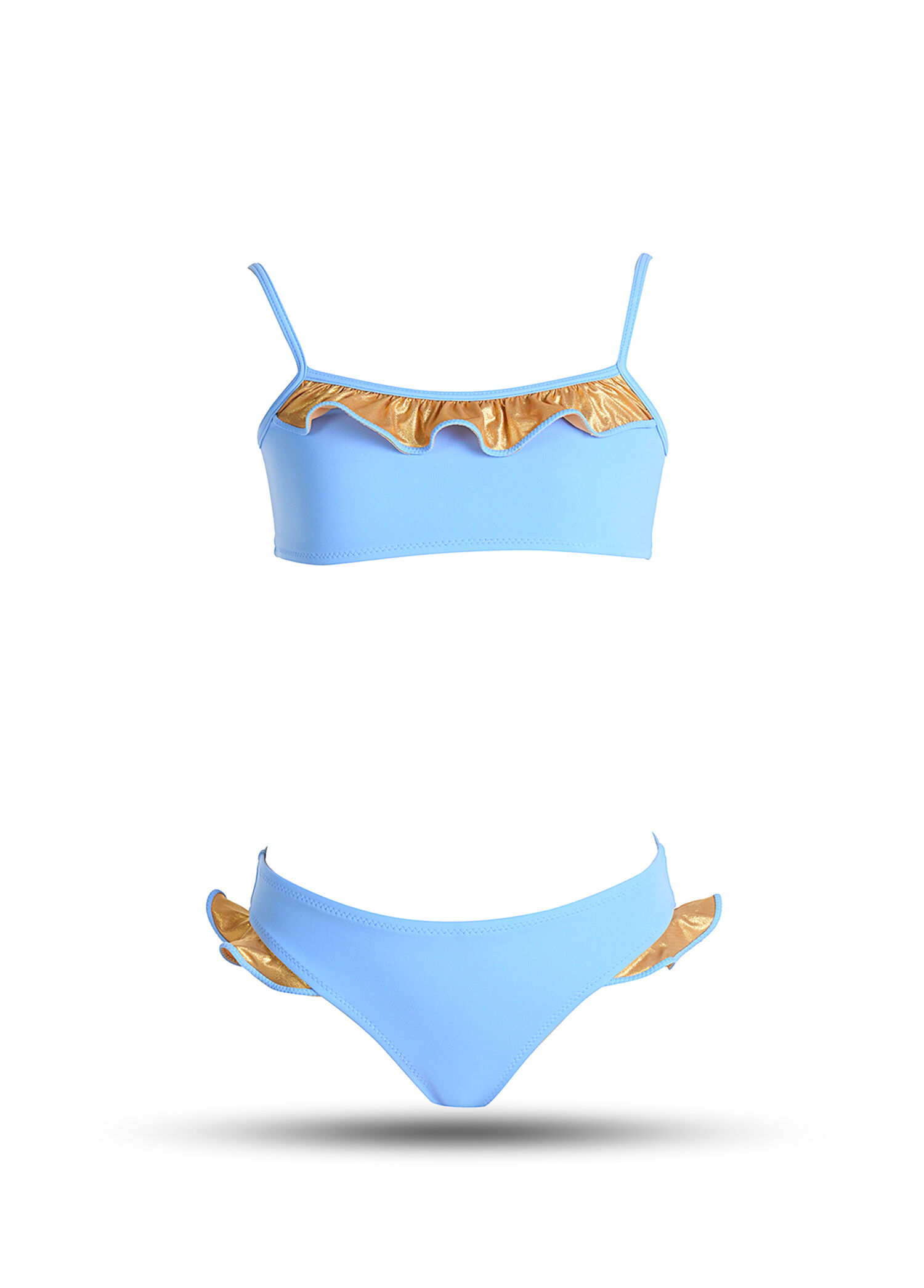 Mavi Parlak Gold Fırfır Detaylı Askılı Kız Çocuk Bikini Takımı