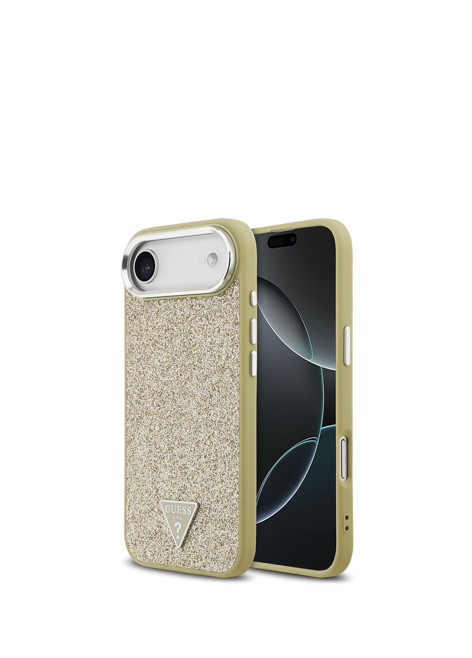 iPhone 17 Air Metal Kamera Çerçeveli Üçgen Logolu Glitter Gold Magsafe Uyumlu Telefon Kılıfı