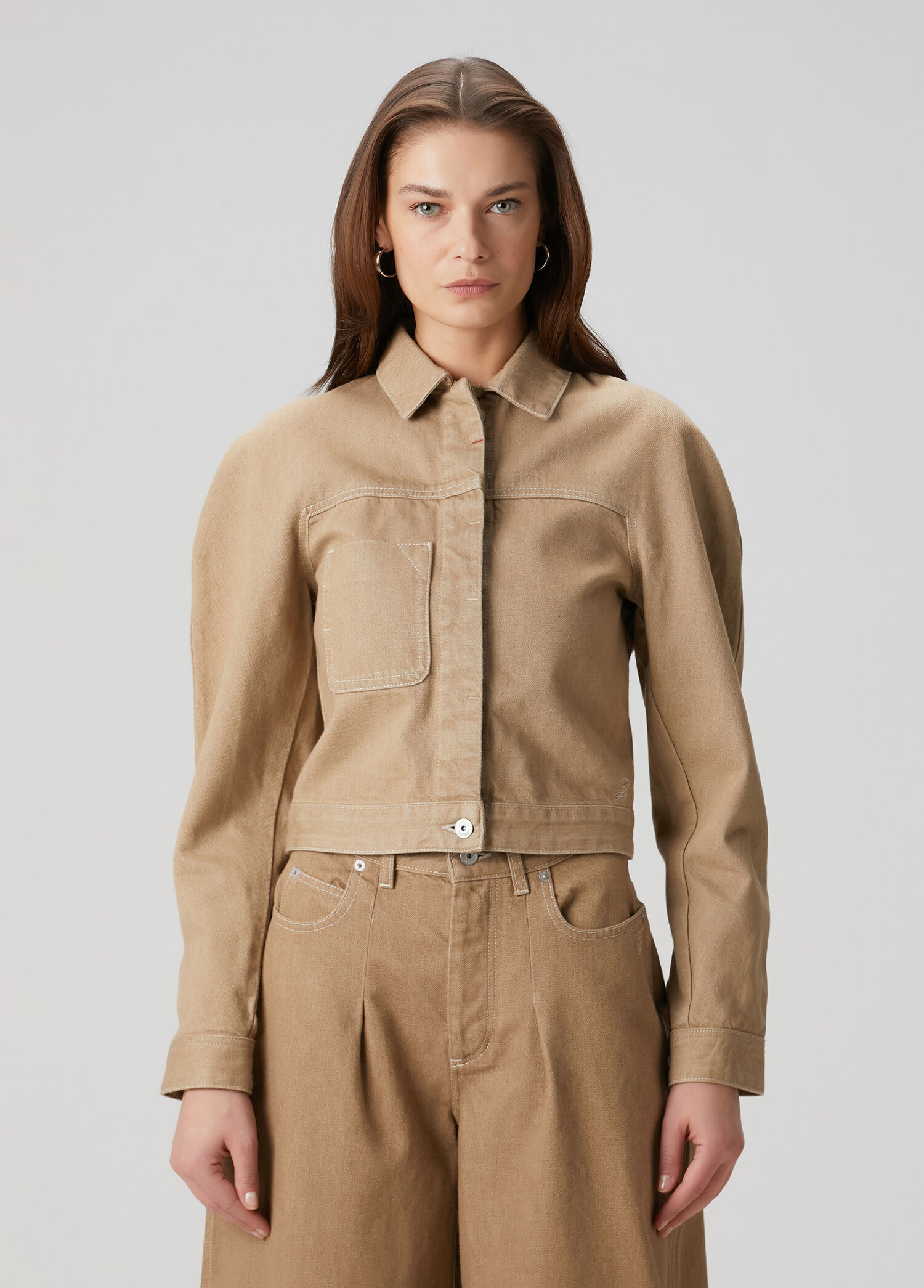 Ovalo Cargo Koyu Bej Crop Denim Ceket
