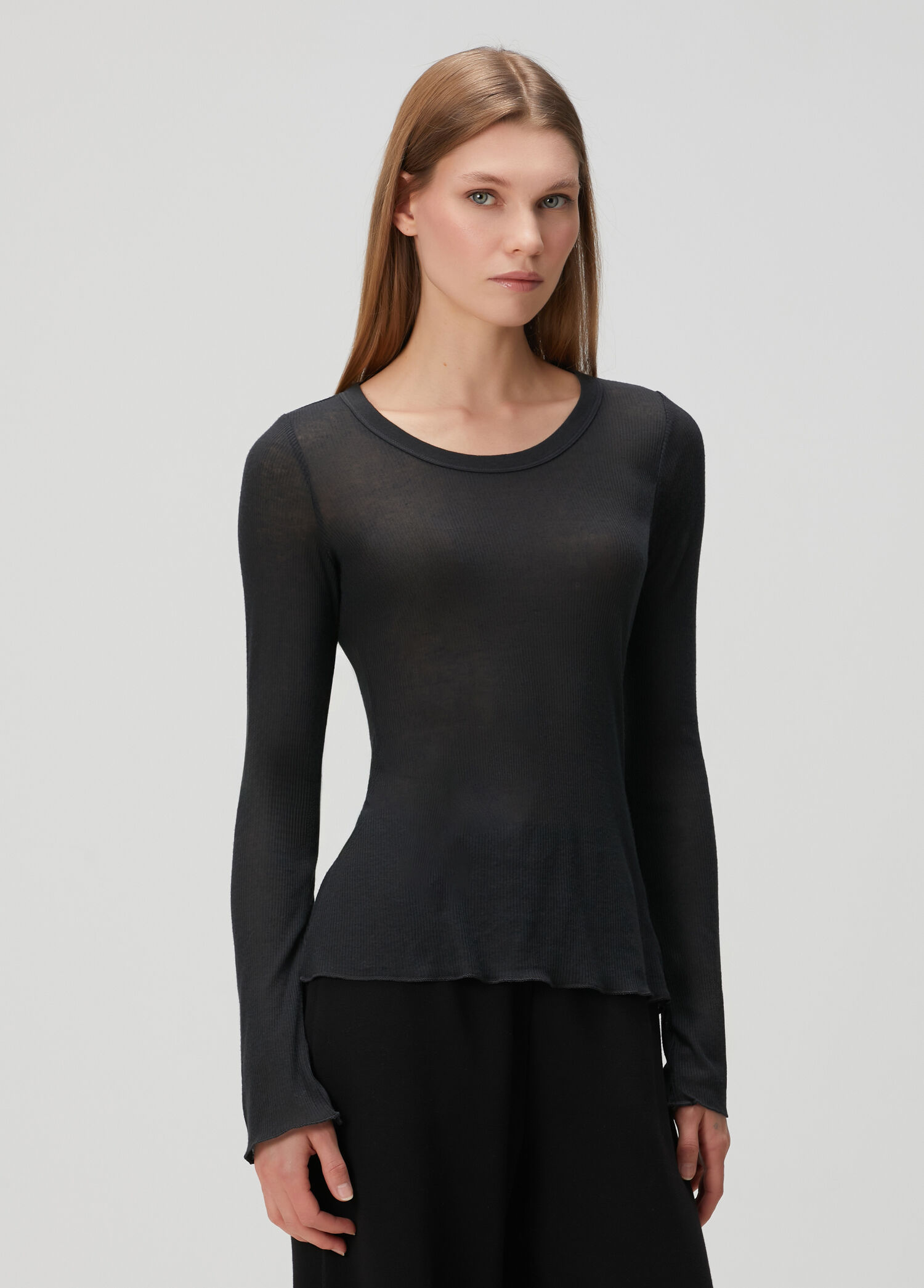 Sheer Rib Siyah Uzun Kollu T-shirt