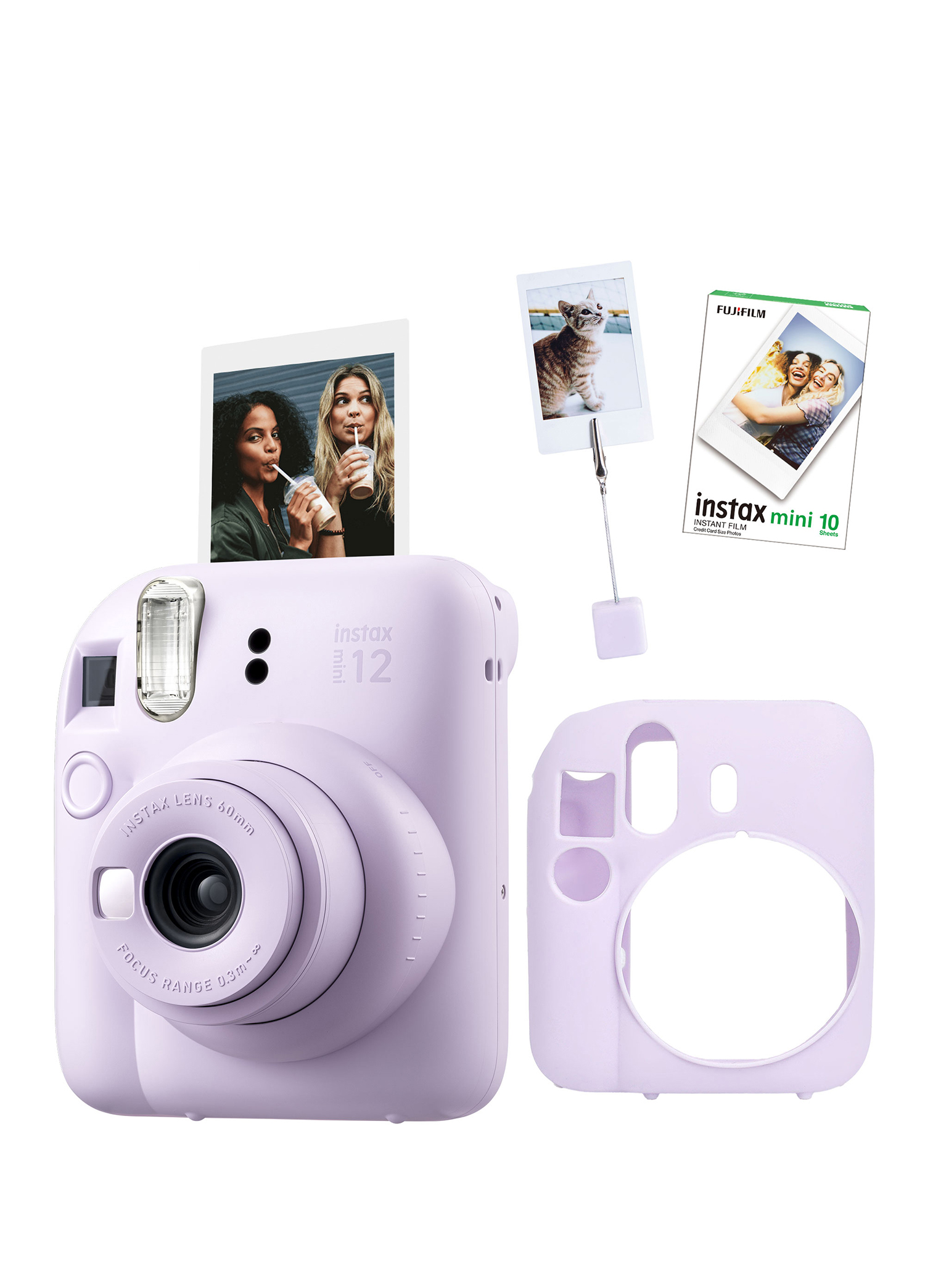 Instax Mini 12 Lila Fotoğraf Makinesi + 10'lu Film Kıskaçlı Resim Standı ve Silikon Kılıf Seti