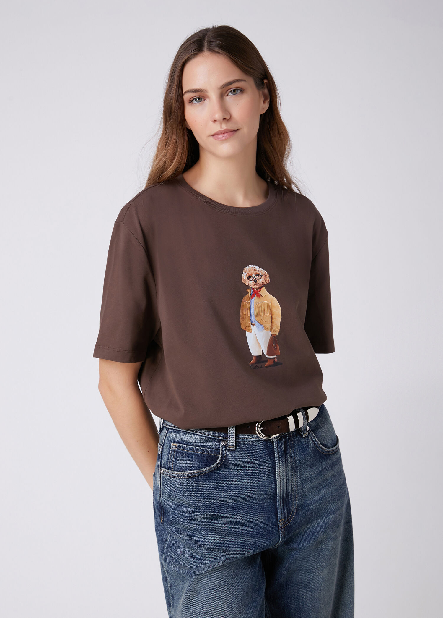 P Beymen Club Brown Dog Print T Shirt