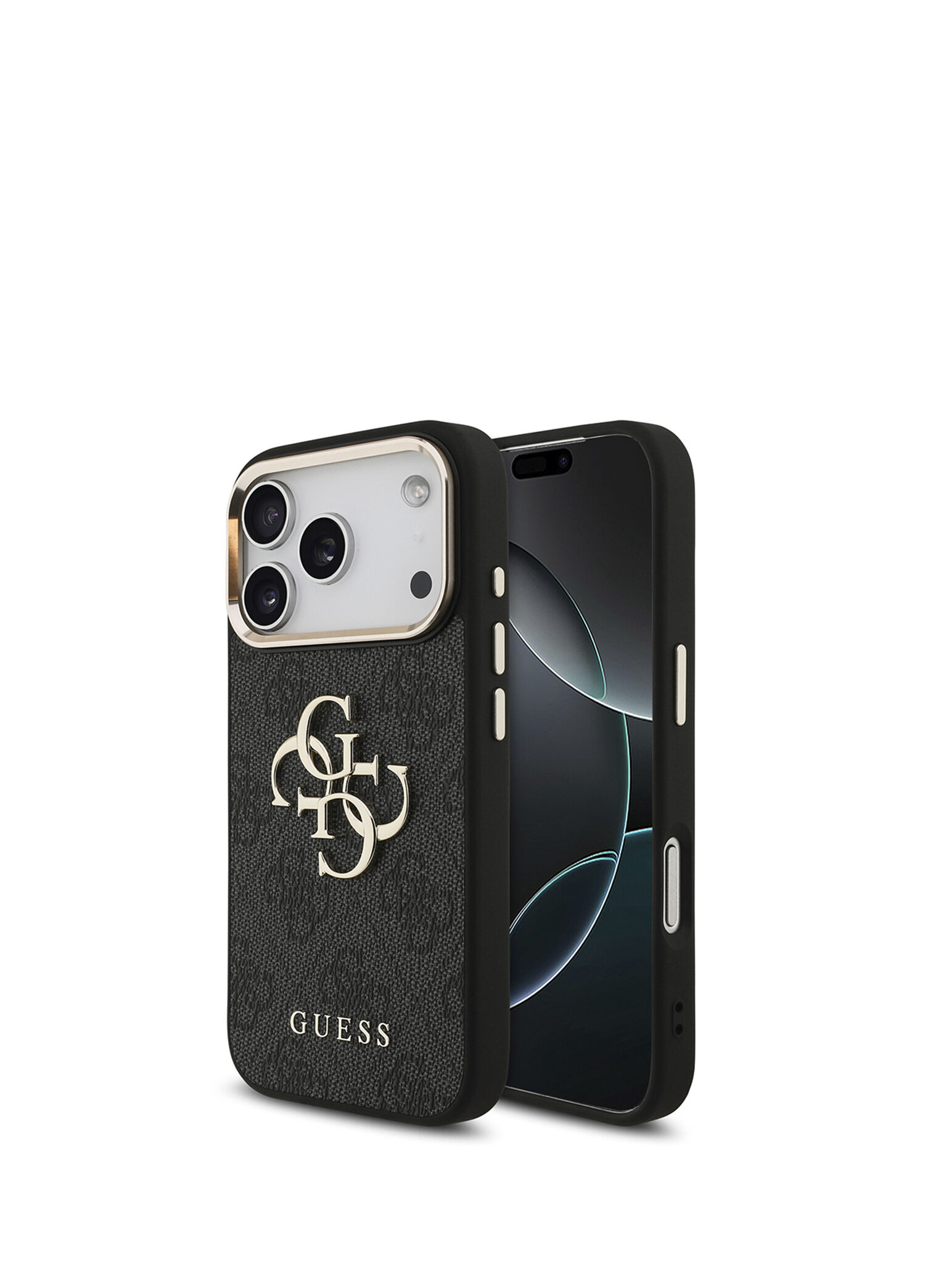 iPhone 17 Pro Gold Metal Kamera Çerçeveli 4G Desenli Metal Büyük Logolu Siyah Telefon Kılıfı