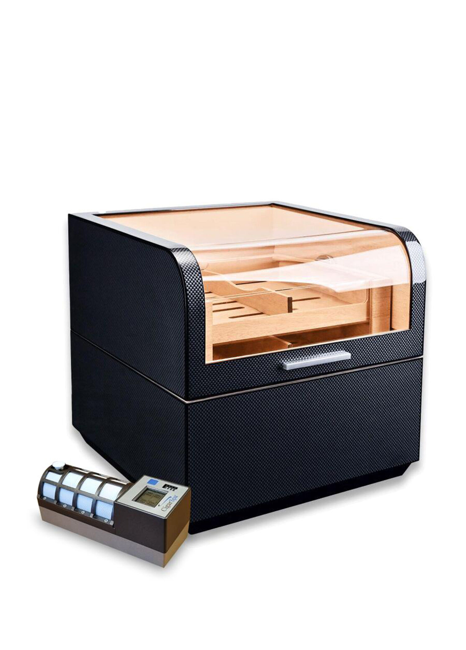 Karbon Desen Camlı Katlı CigarSpa Elektronik Nemlendirme 150s Humidor Puro Kutusu