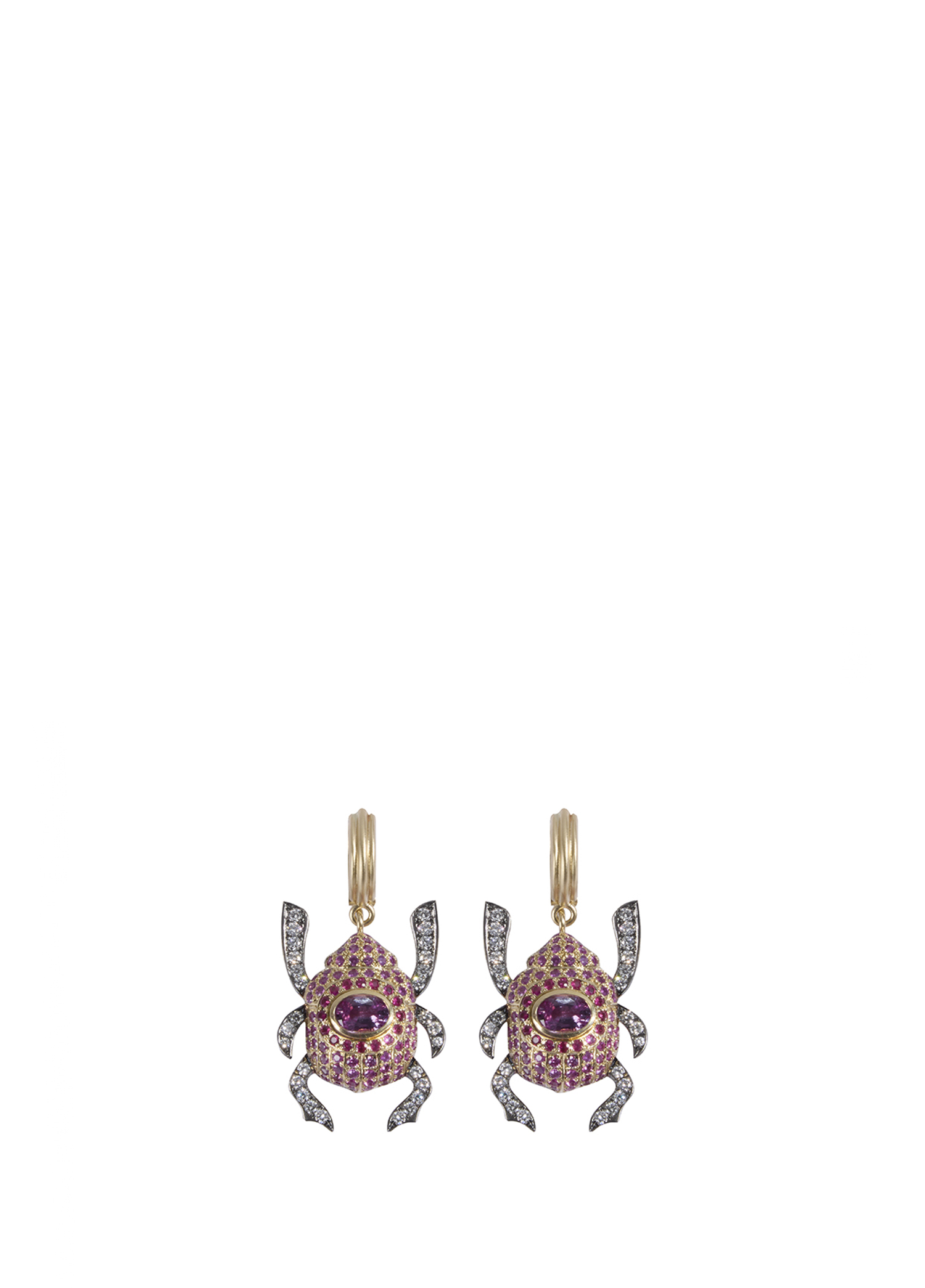 Pink Sapphire Ruby Diamond Scarab Hoops Altın Küpe