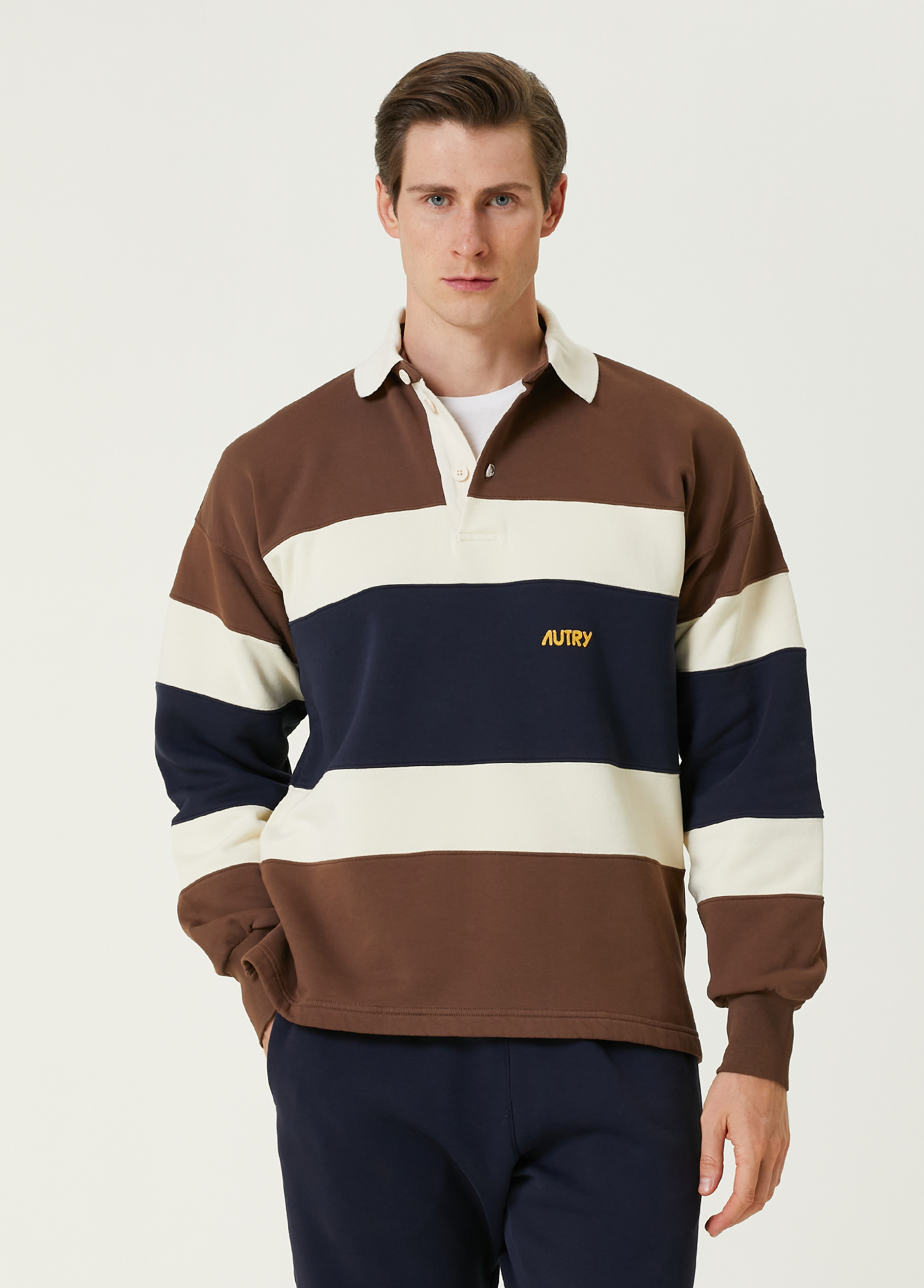 Çok Renkli Polo Yaka Şerit Desenli Sweatshirt