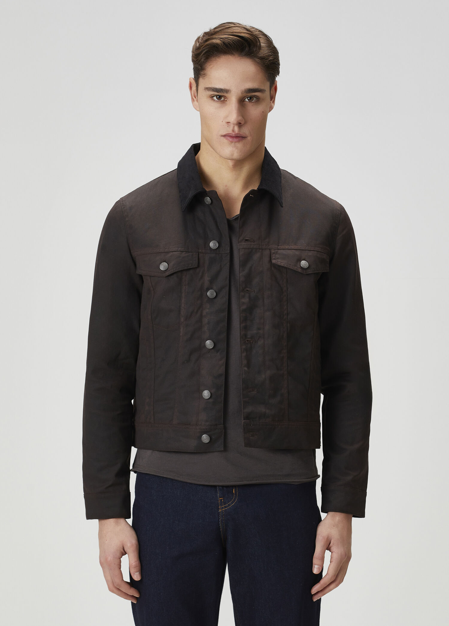 Dark Brown Collar Velvet Garnished Coat