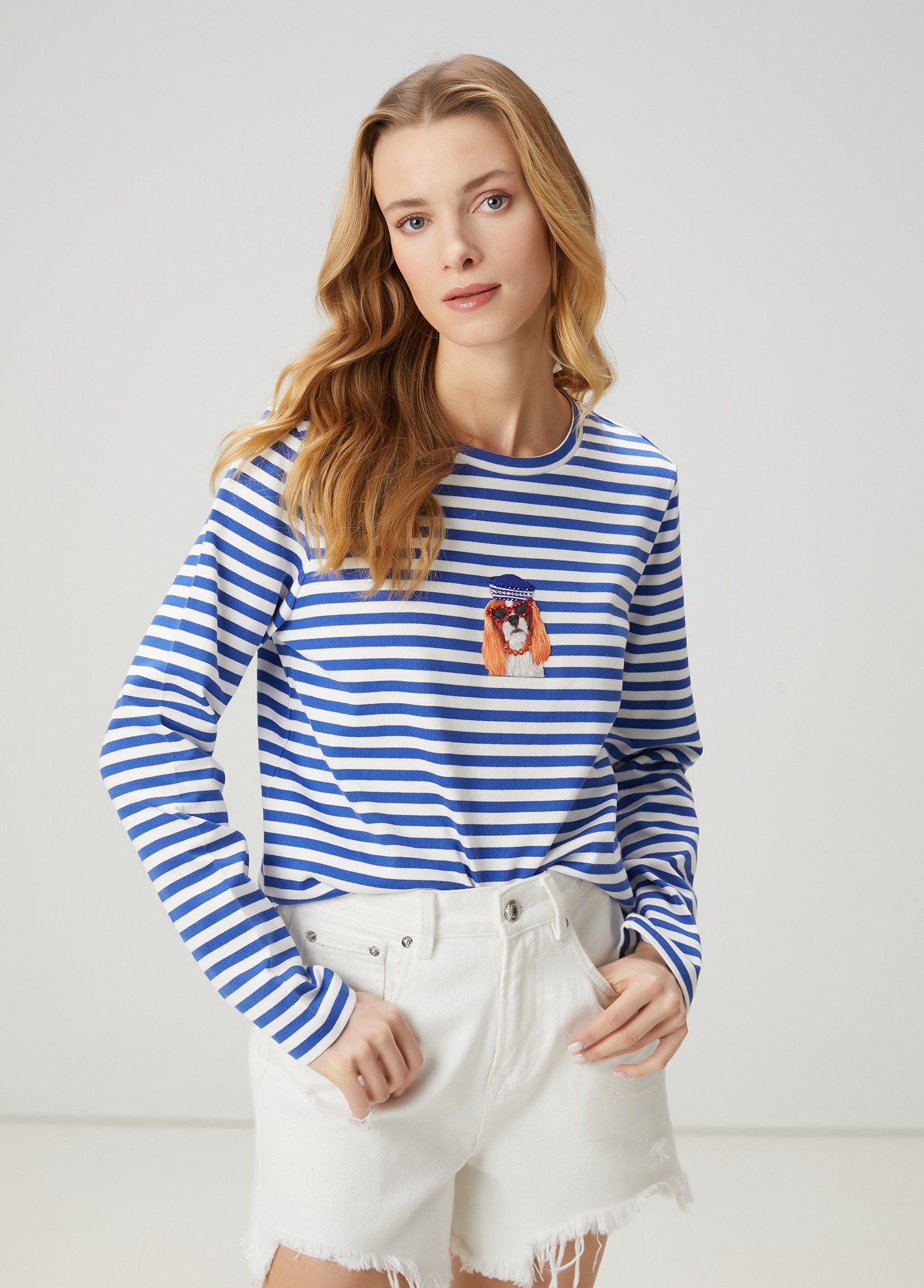 Mavi Çizgili Köpek Baskılı Sweatshirt_3