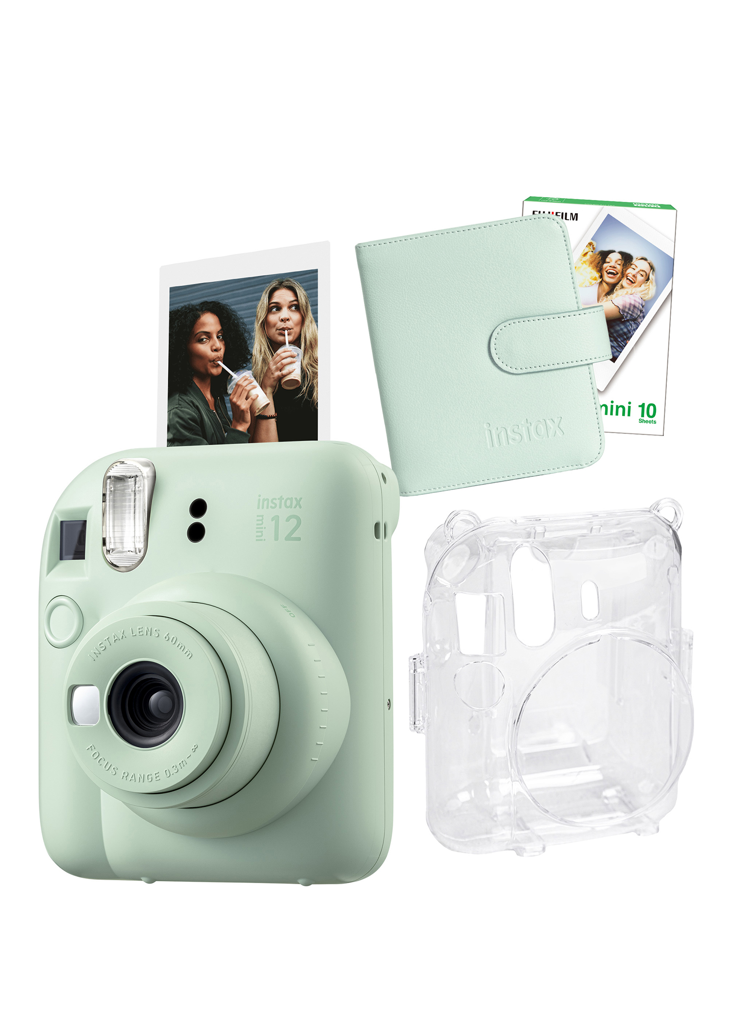 Instax Mini 12 Yeşil Fotoğraf Makinesi + 10'lu Film Kare Albüm ve Şeffaf Kılıf Seti