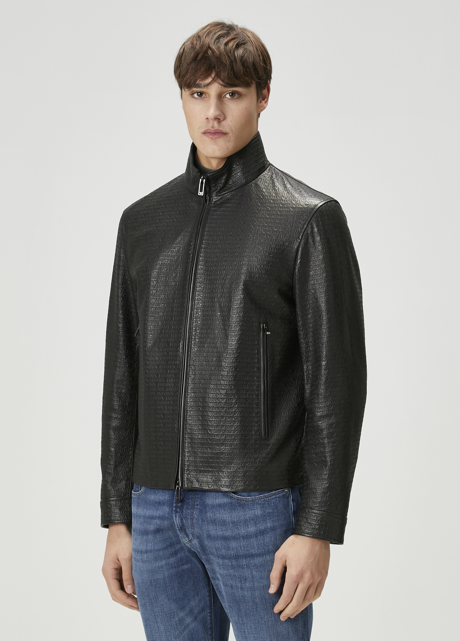 Emporio Armani - Black Logo Patterned Leather Jacket