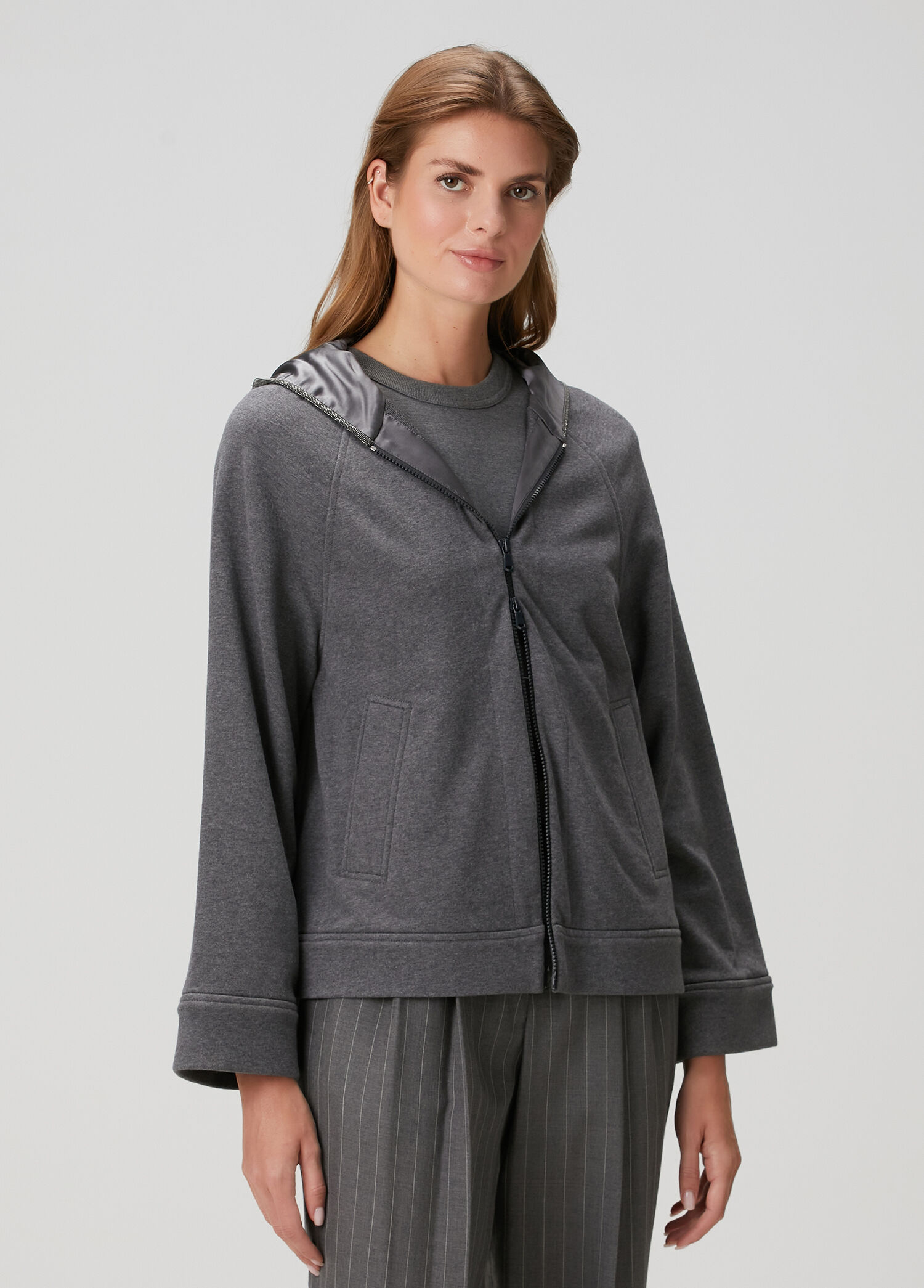 Koyu Gri Kapüşonlu Fermuarlı Sweatshirt