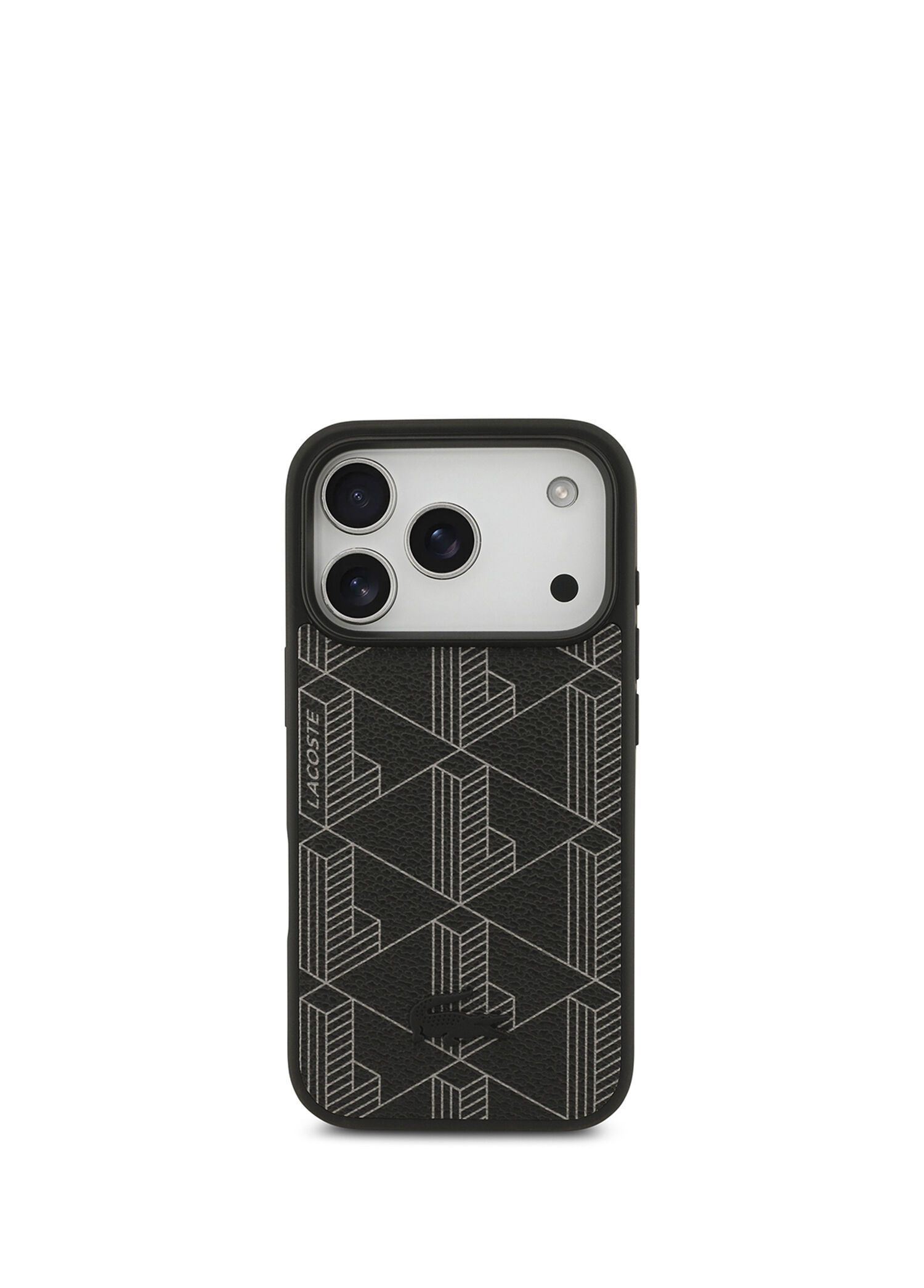 Lacoste - iPhone 17 Pro Kartlıklı Deri Karışık Monogram Magsafe Uyumlu Telefon Kılıfı - Siyah
