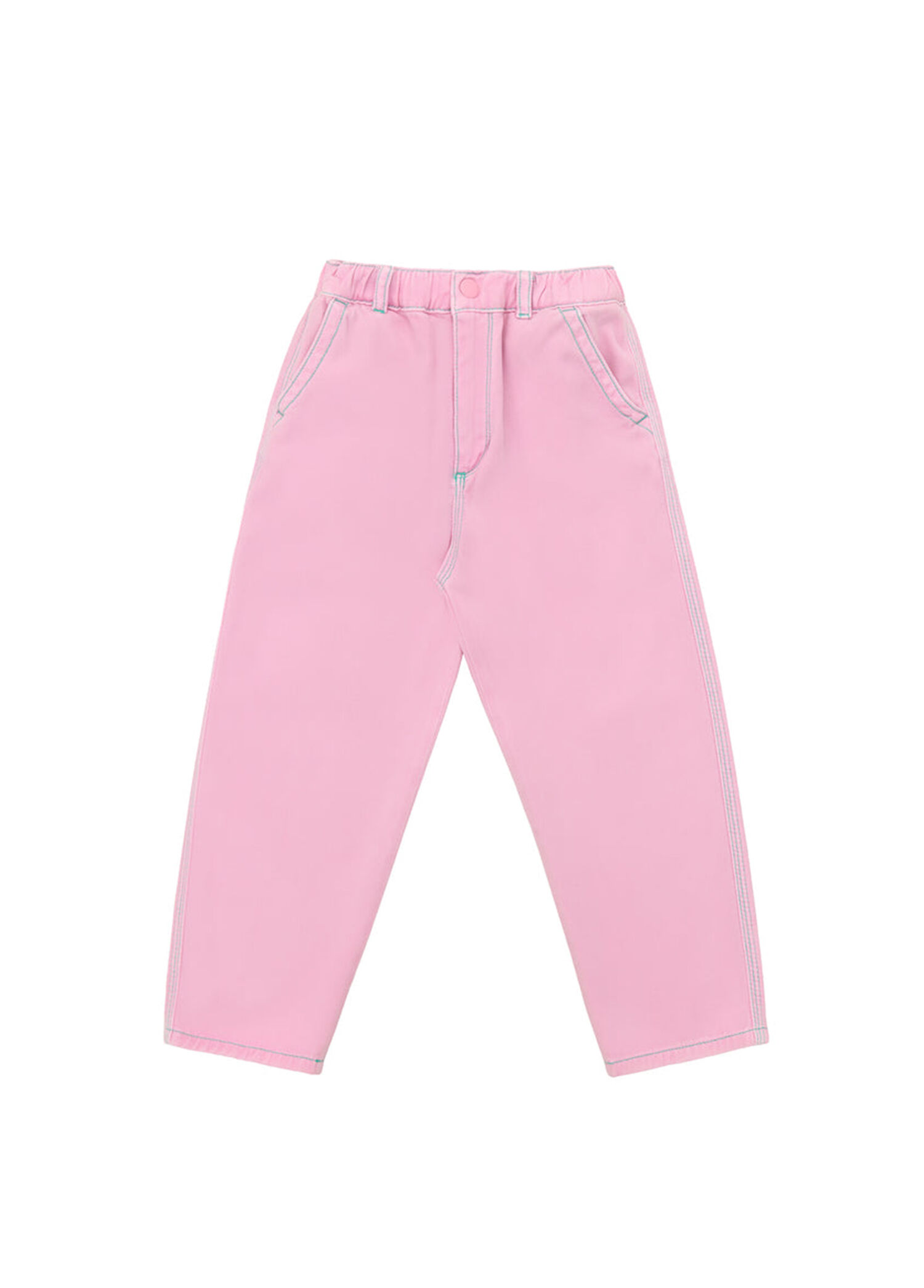 Pembe Tencel Kontrast Dikişli Kız Çocuk Jean Pantolon