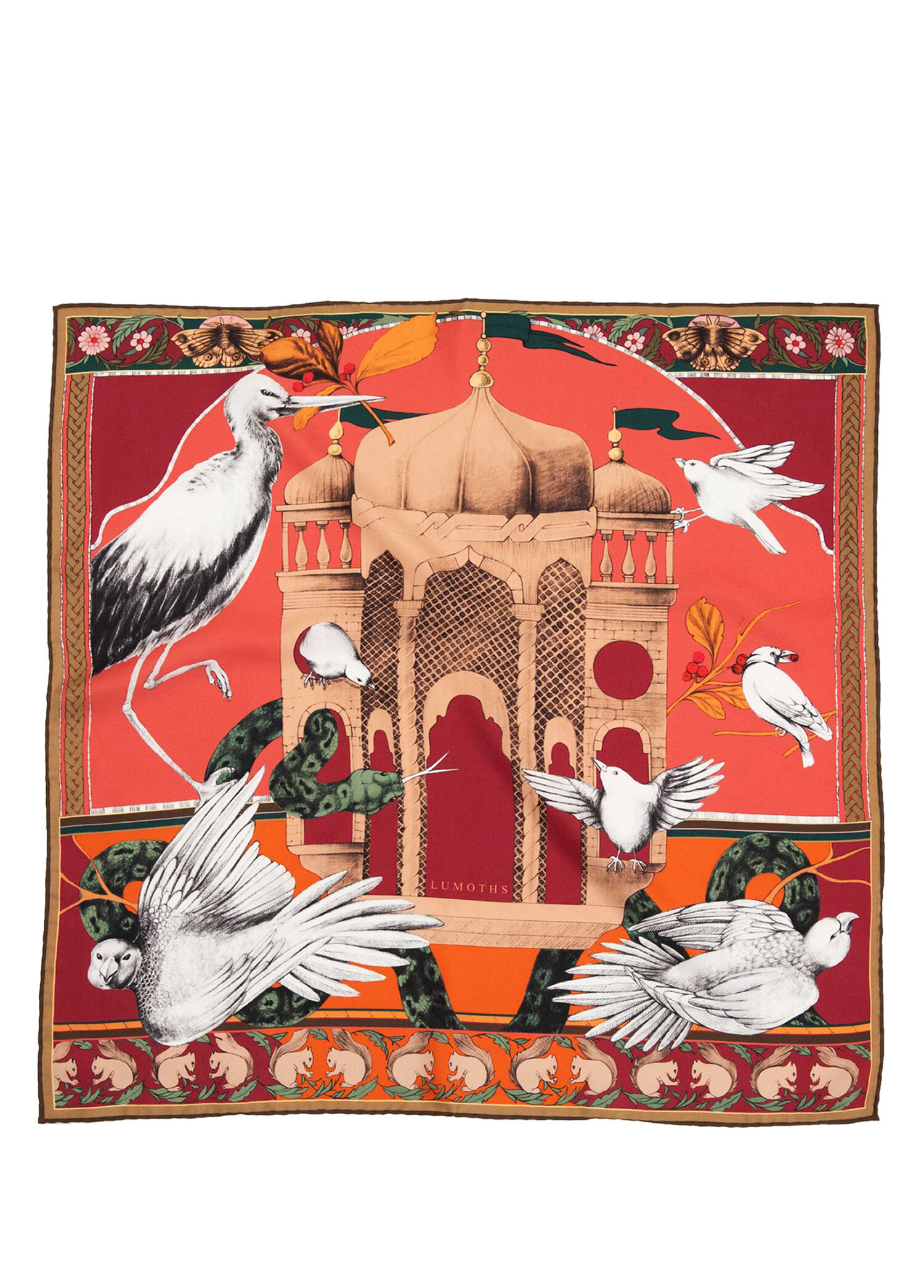 Miniatüre Palace Kuşlar ve Köşk Desenli İpek Twill Kadın Şal
