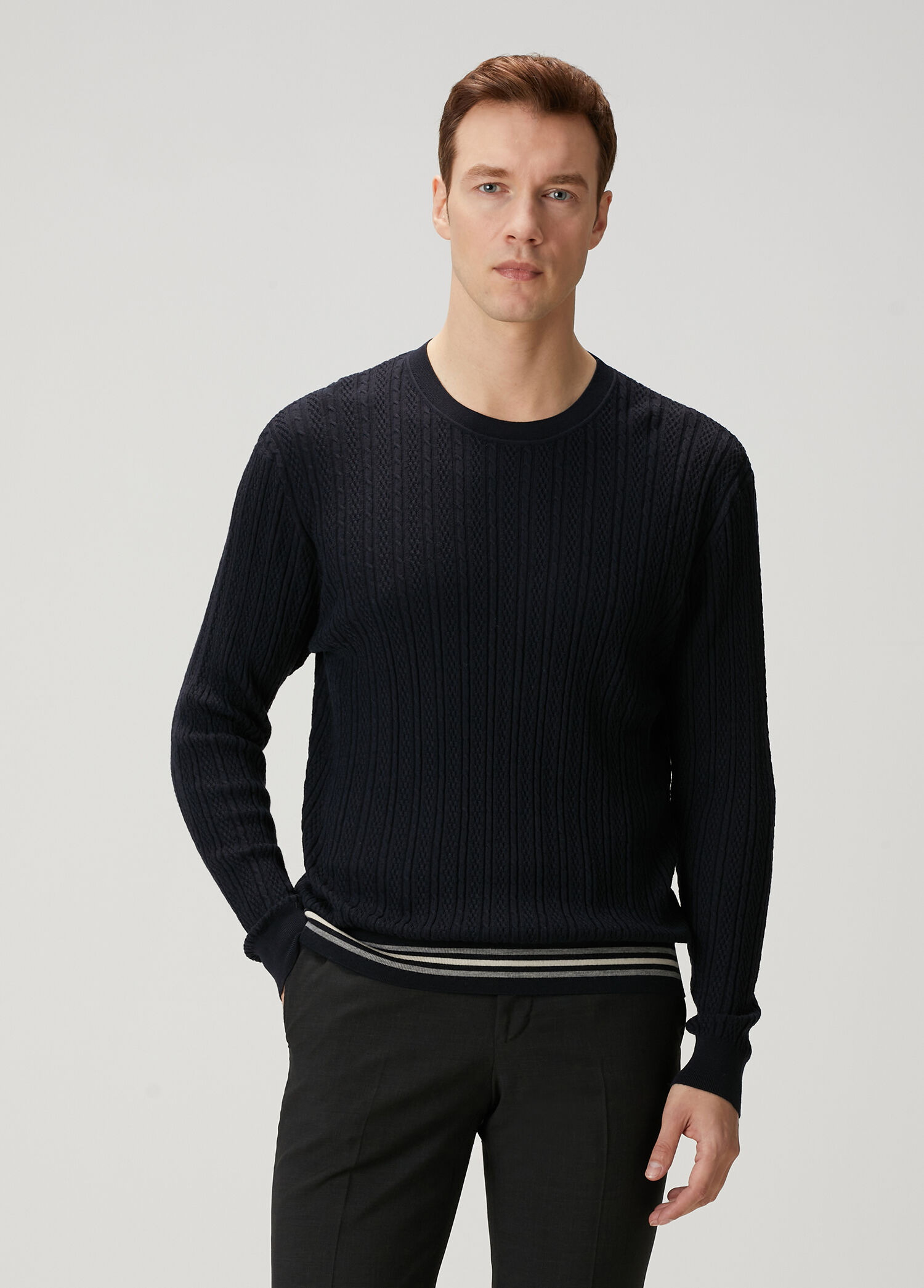 Navy Blue Jacquard Wool Sweater