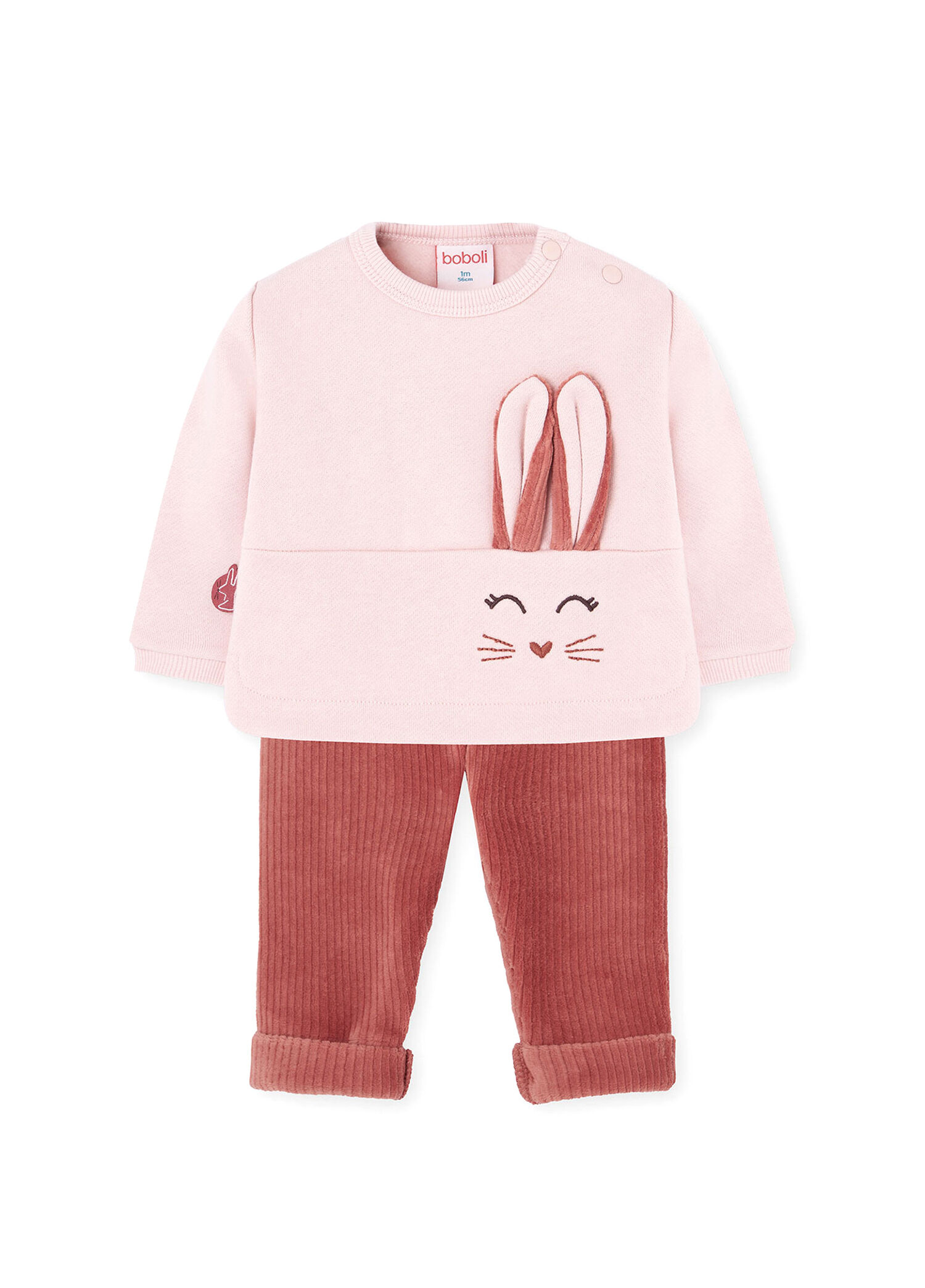 Pembe Tavşan Desenli Uzun Kollu Üst ve Triko Pantolon Kız Bebek 2'li Set