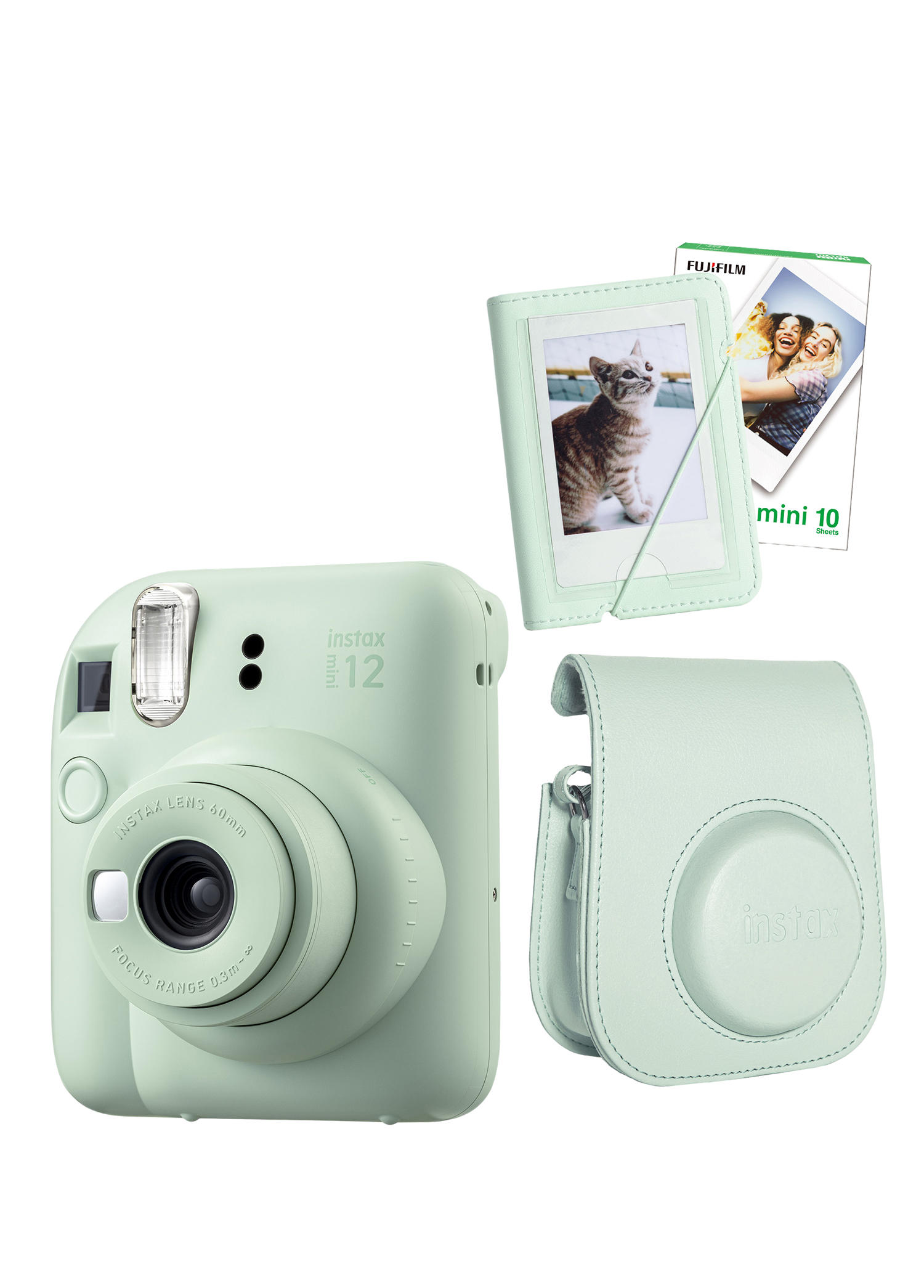 Instax Mini 12 Yeşil Fotoğraf Makinesi + 10'lu Film Mini Albüm ve Deri Kılıf Seti