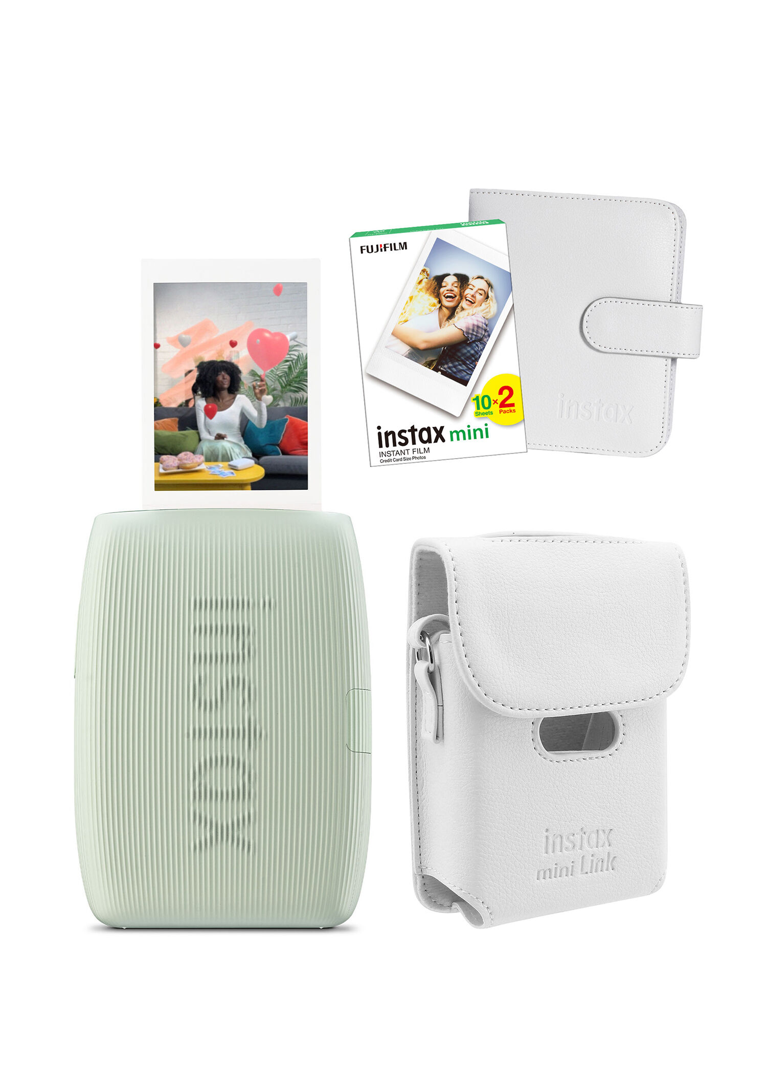 Instax mini Link 3 Yeşil Akıllı Telefon Yazıcısı Beyaz Çanta Deri Albüm ve 20'li Mini Film