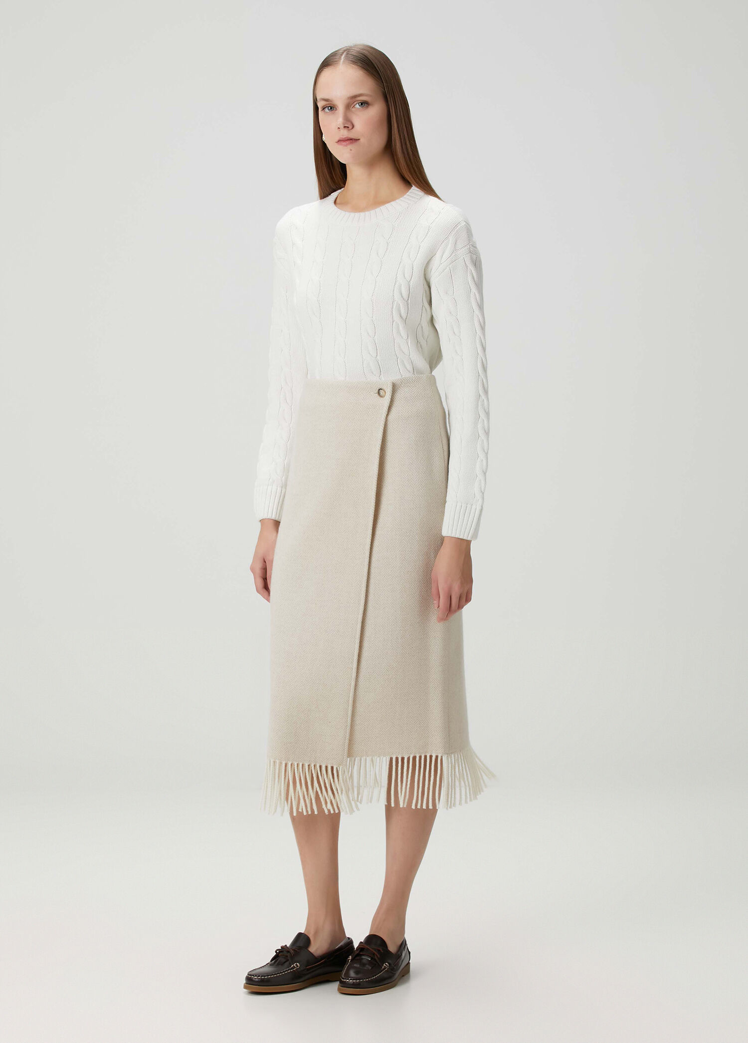 Cream Herringbone Print Midi Pencil Knit Skirt