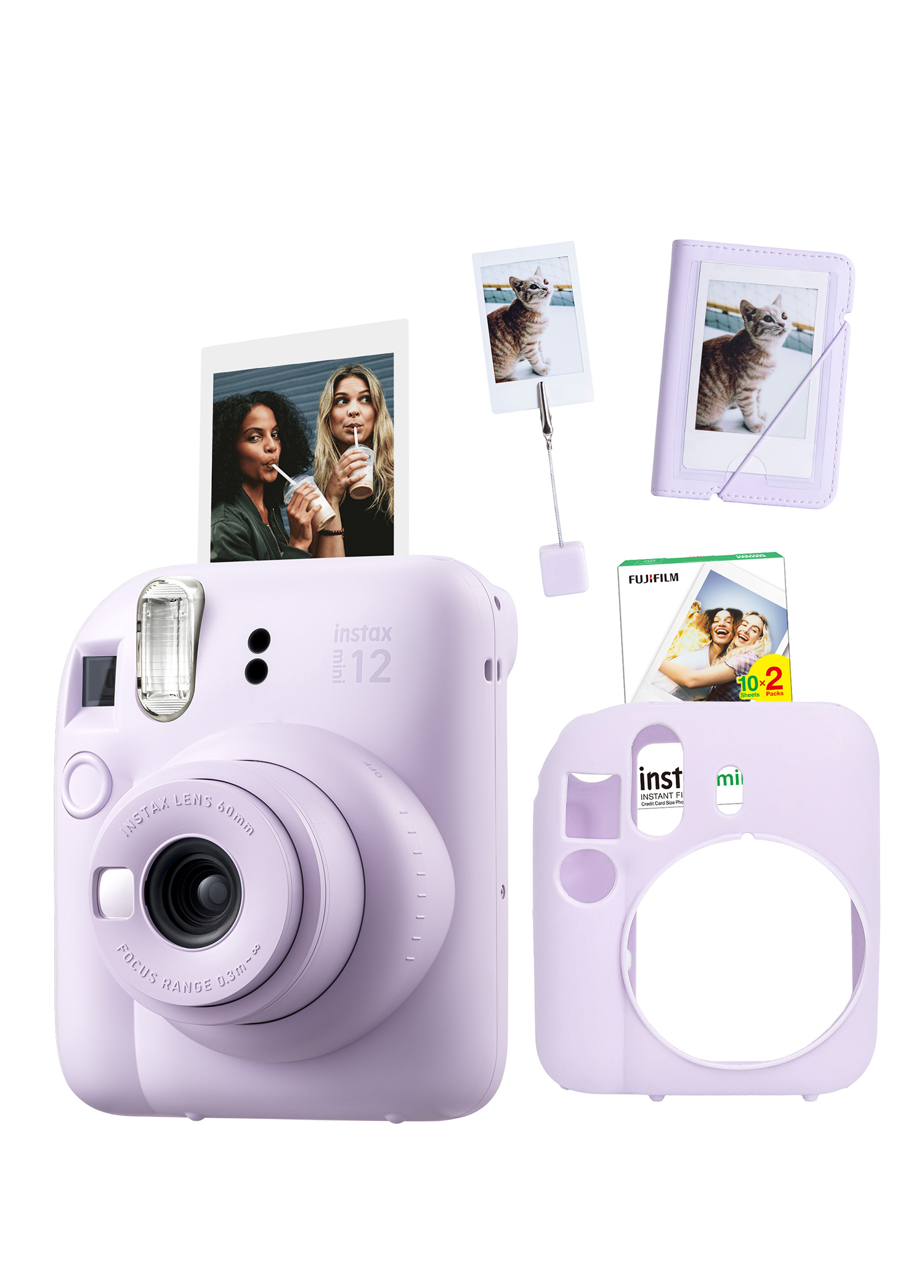 Instax Mini 12 Lila Fotoğraf Makinesi + 20'li Film Kıskaçlı Stand Mini Albüm ve Silikon Kılıf Seti