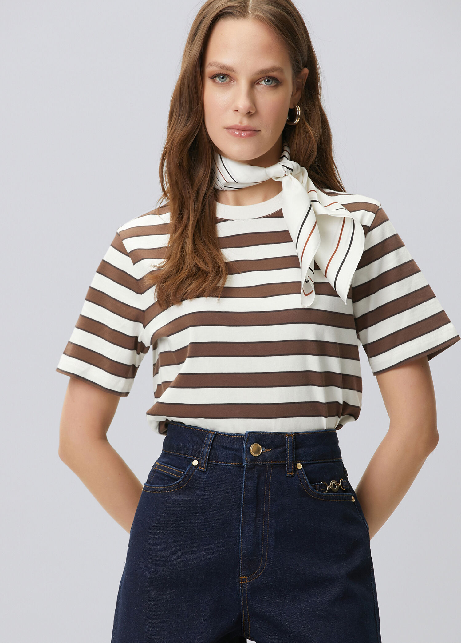 Brown White Crew Neck Stripe T-Shirt