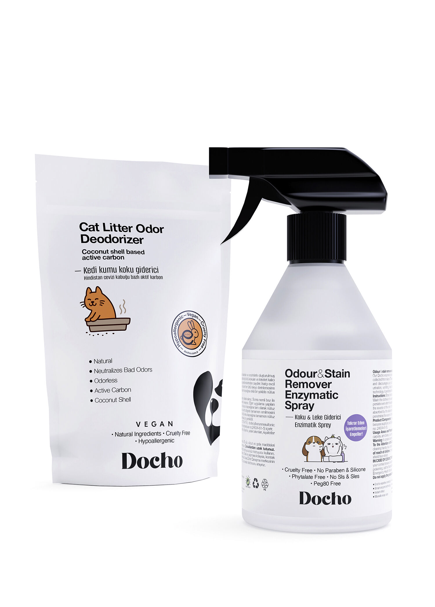 Kedi Kumu Koku Giderici Aktif Karbon 400 gr ve Koku ve Leke Çıkarıcı Enzimatik Sprey 500 ml Seti