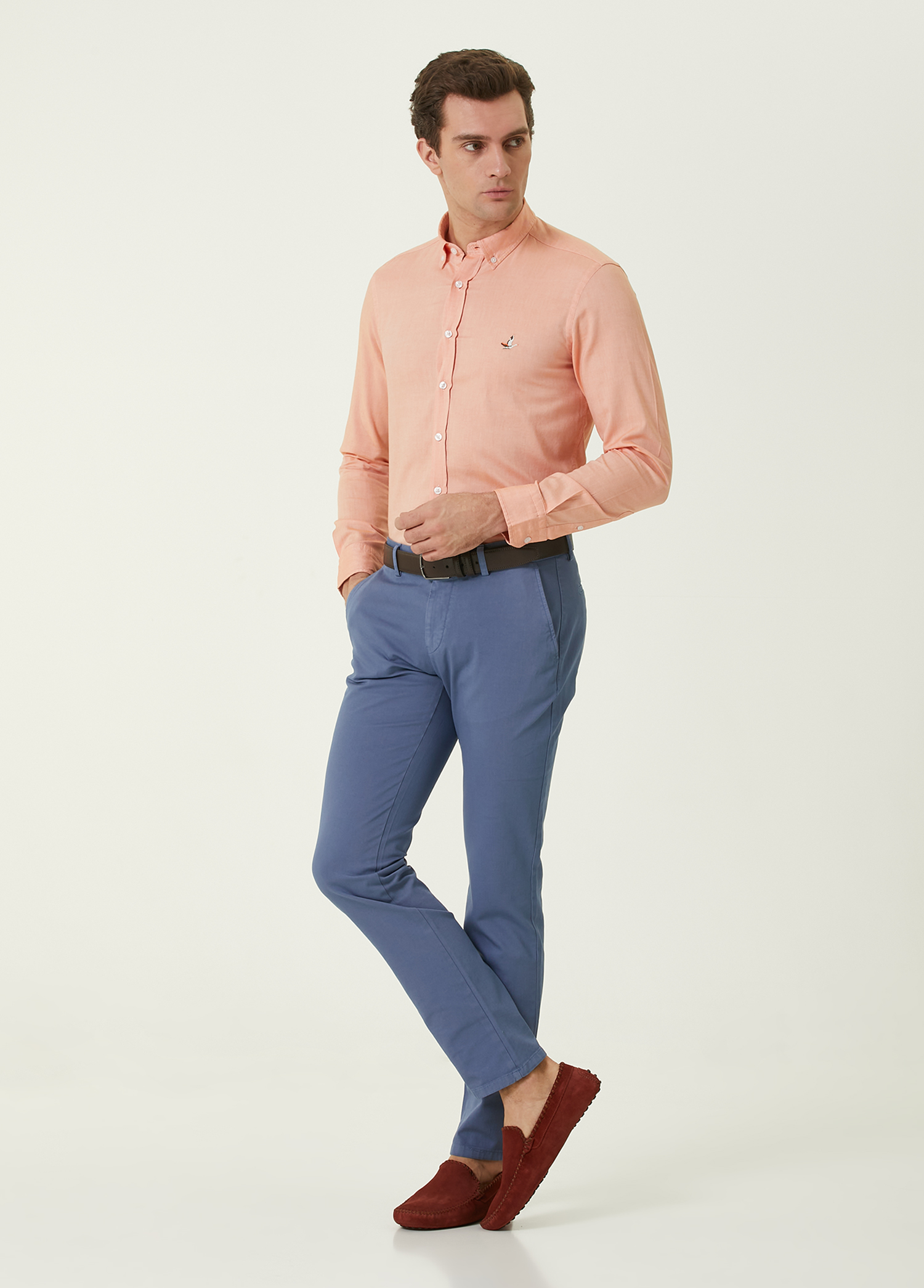 Slim Fit Mavi Panama Dokulu Chino Pantolon