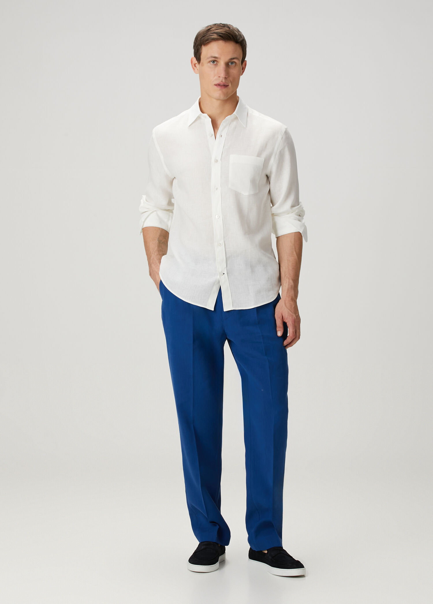 Navy Blue Double Pleated Linen Chino Pants