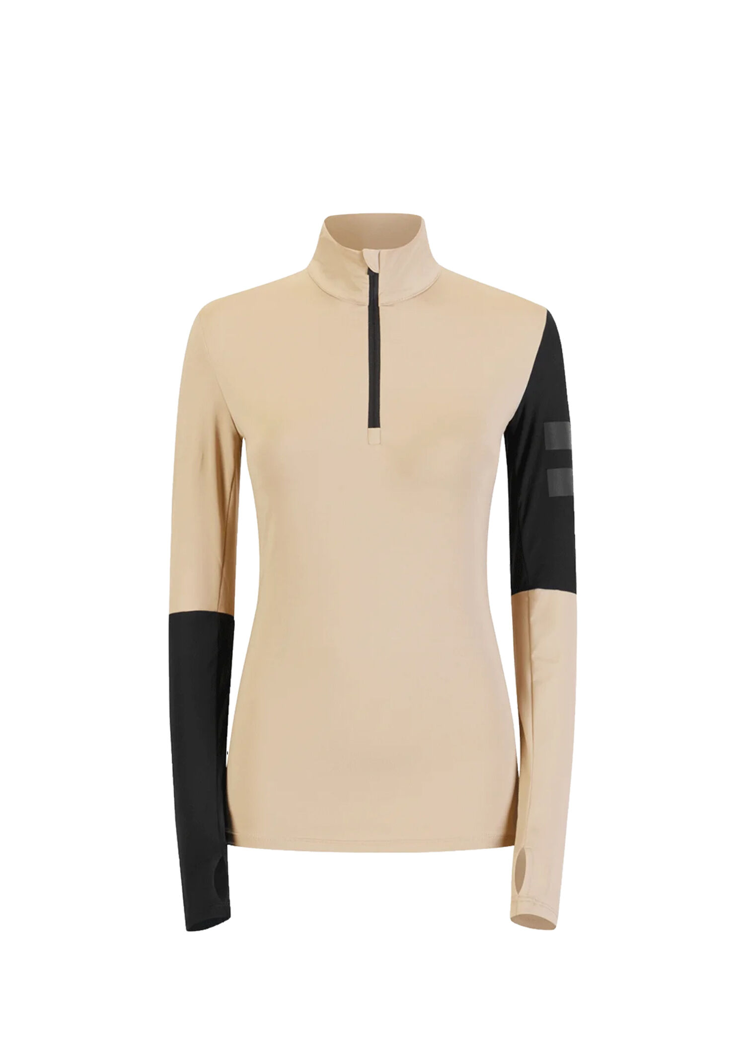 681-T-Neck With Half Zıp Bej Siyah Uzun Kollu Kadın Spor Body