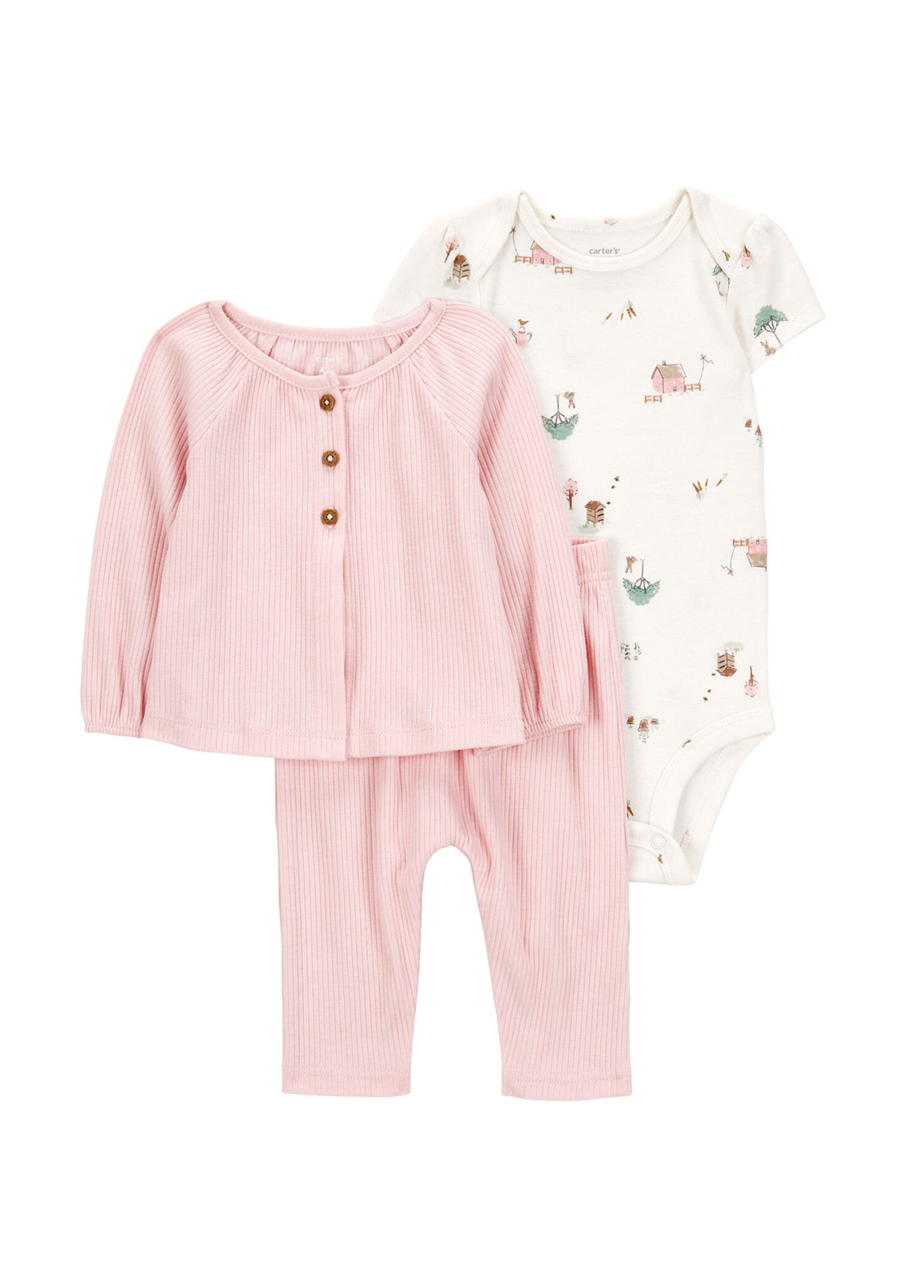 Baskılı Pembe Bluz Pantolon ve Çıtçıtlı Body Kız Bebek 3'lü Set