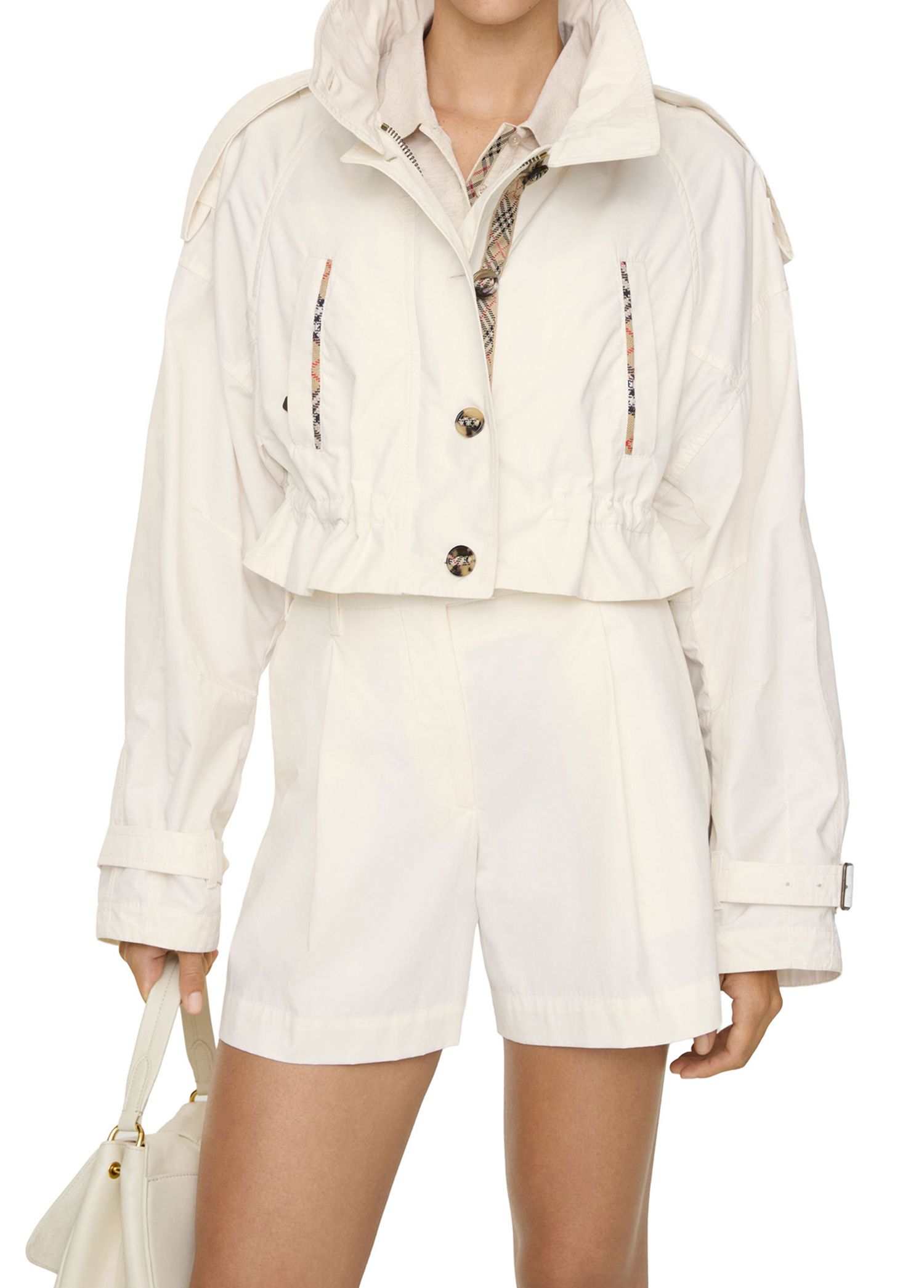 Burberry Beyaz Kadın Cropped Ladymoor Beyaz Kapüşonlu Kadın Ceket