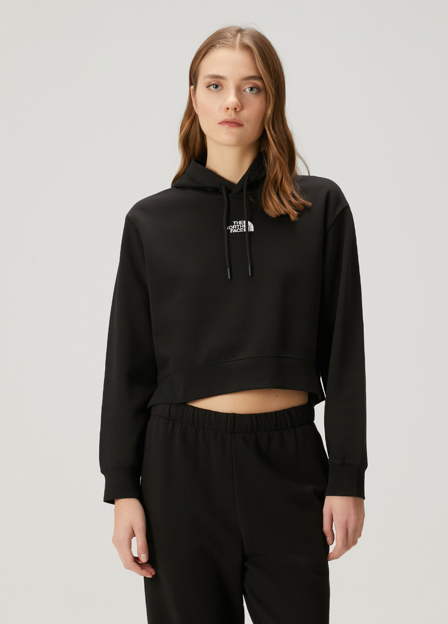 Essential Siyah Kapüşonlu Crop Sweatshirt