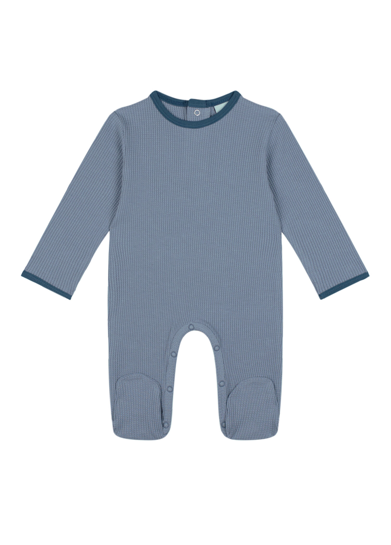 Kontrast Mavi Waffle Pamuklu Unisex Bebek Tulum