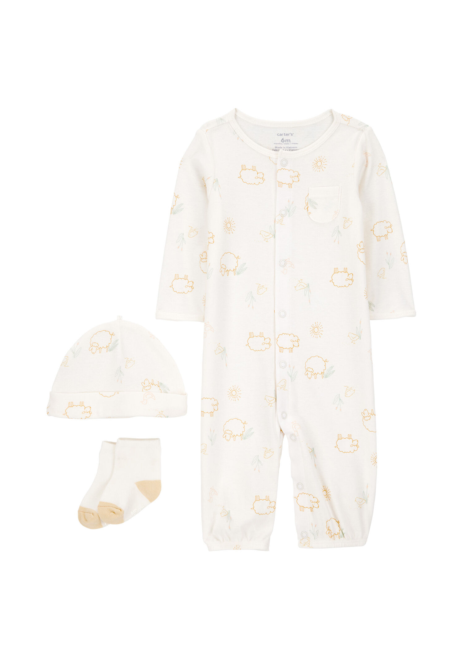 Ekru Tulum Şapka Çorap Unisex Bebek 3'lü Set